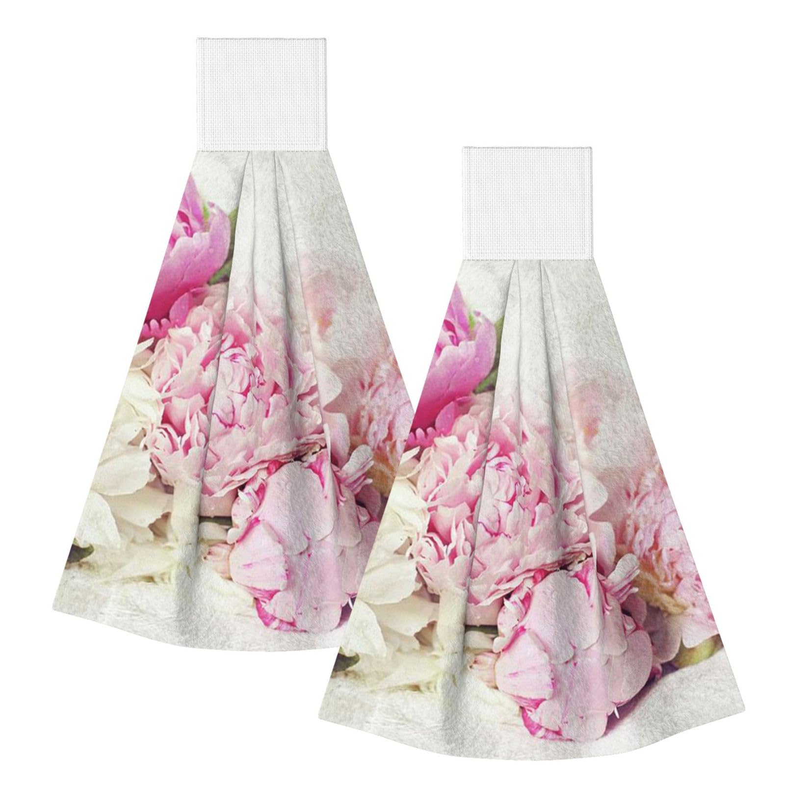 DOPKLNA Peonies On White, 2 Pcs Hanging Coral Fiber Hand Towels for Bathroom, Absorbent Kitchen Towels