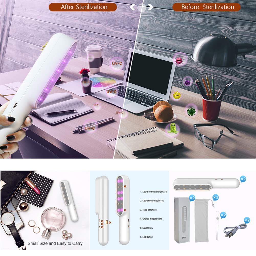 Luz de esterilización UVC portátil, sala de estar del dormitorio Lámpara de mano UV Lámpara de carga USB Varita ultravioleta doméstica para viajes en el hogar,Blanco