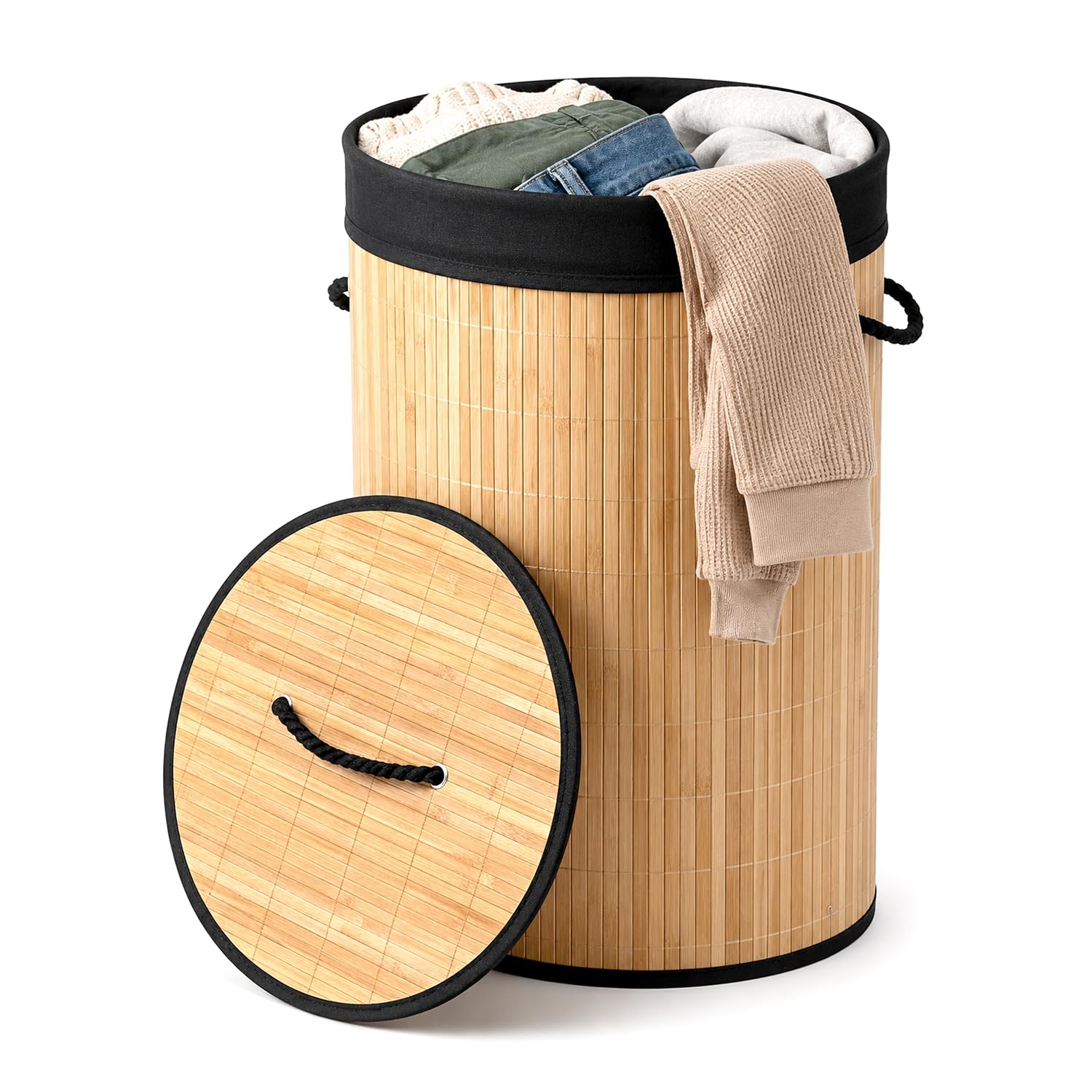 Besto Bamboo Laundry Basket | (60L Capacity) Round Collapsible Laundry Basket with Lid | Laundry Hamper with Carry Handles & Removable Laundry Bag | Wooden Laundry Basket for Everyday Washing