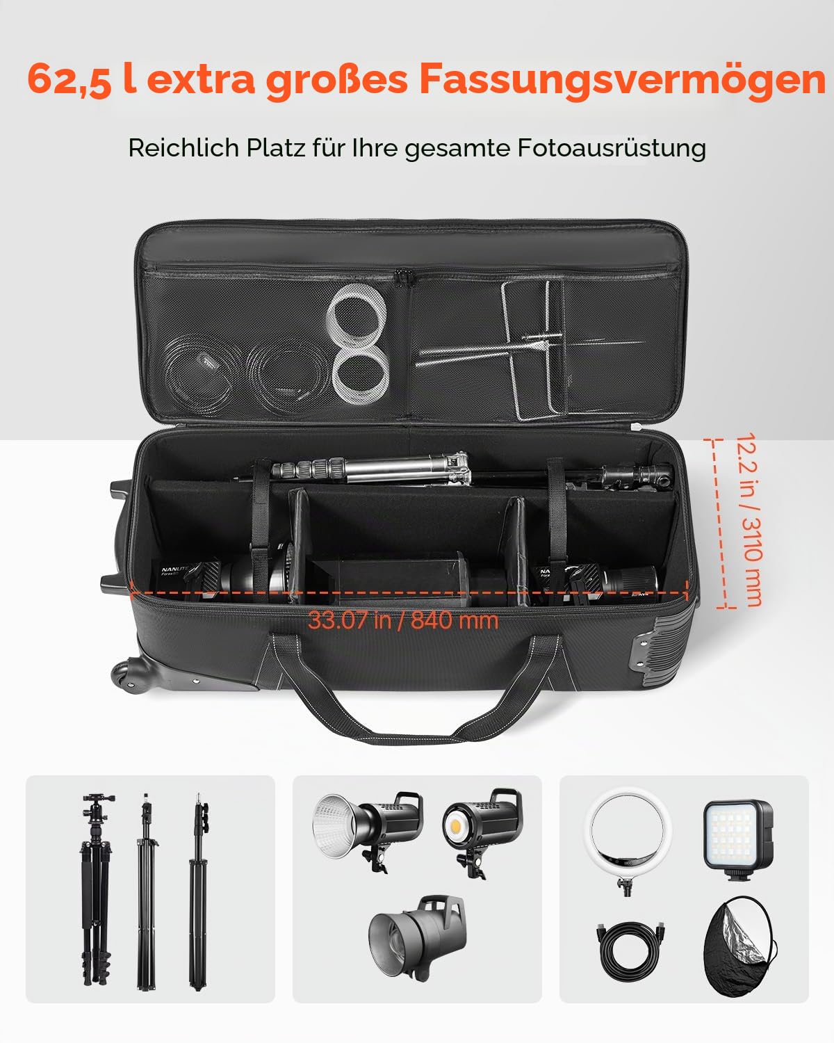 VEVOR Studio Trolley 910x300x355 mm, Transporttasche, Koffer für Studioausrüstung, Kameratasche, Studiotasche mit Rollen, Riemen, gepolstertem Fach, Griff, für Lichtstative, Stative, Teleskope