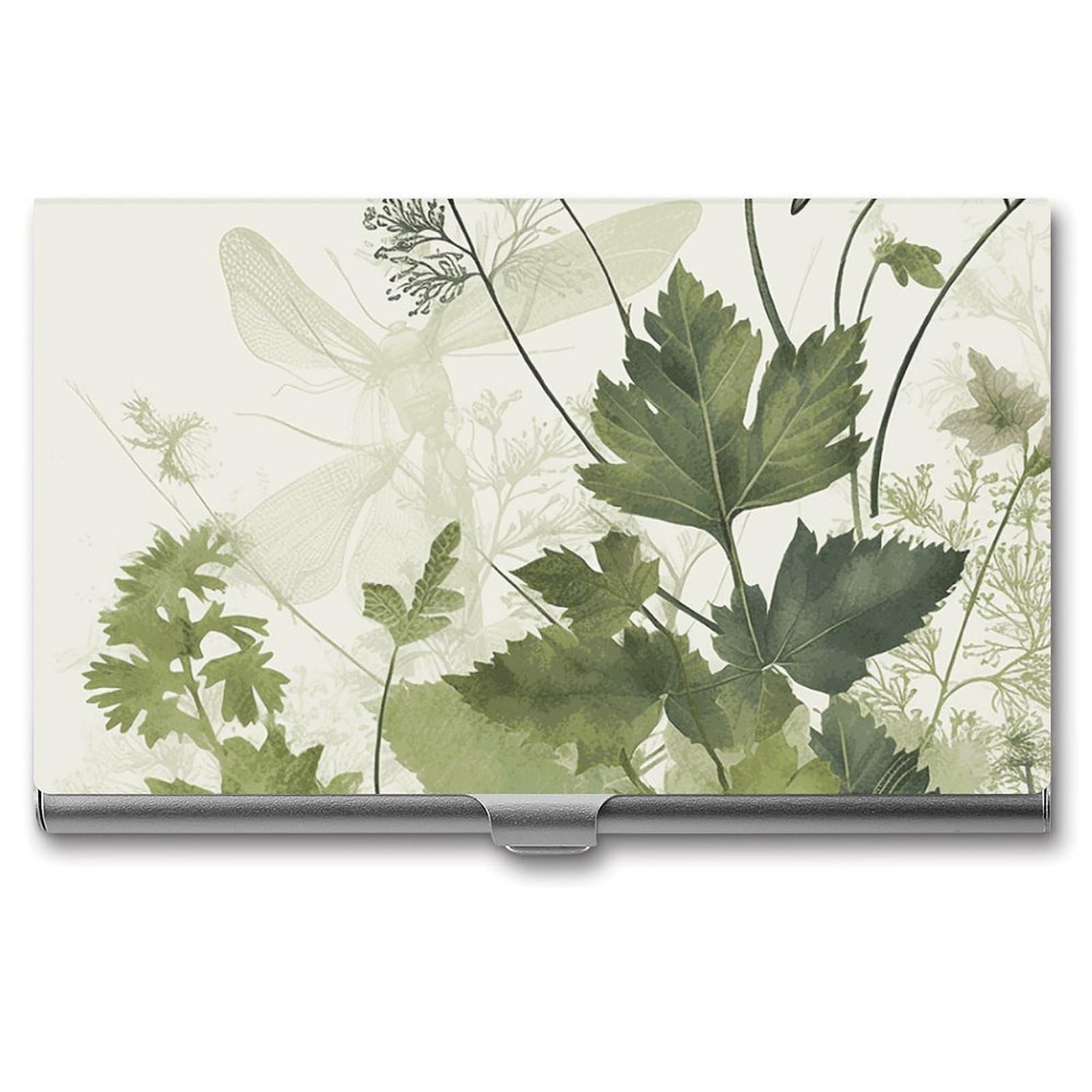 JTREHY Foliage And Herbs with Dragonflies Winged Business Card Case Convenient to Carry Business Card Dispenser Durable Not Prone to Wear And Tear Business Card Holder for Men & Women