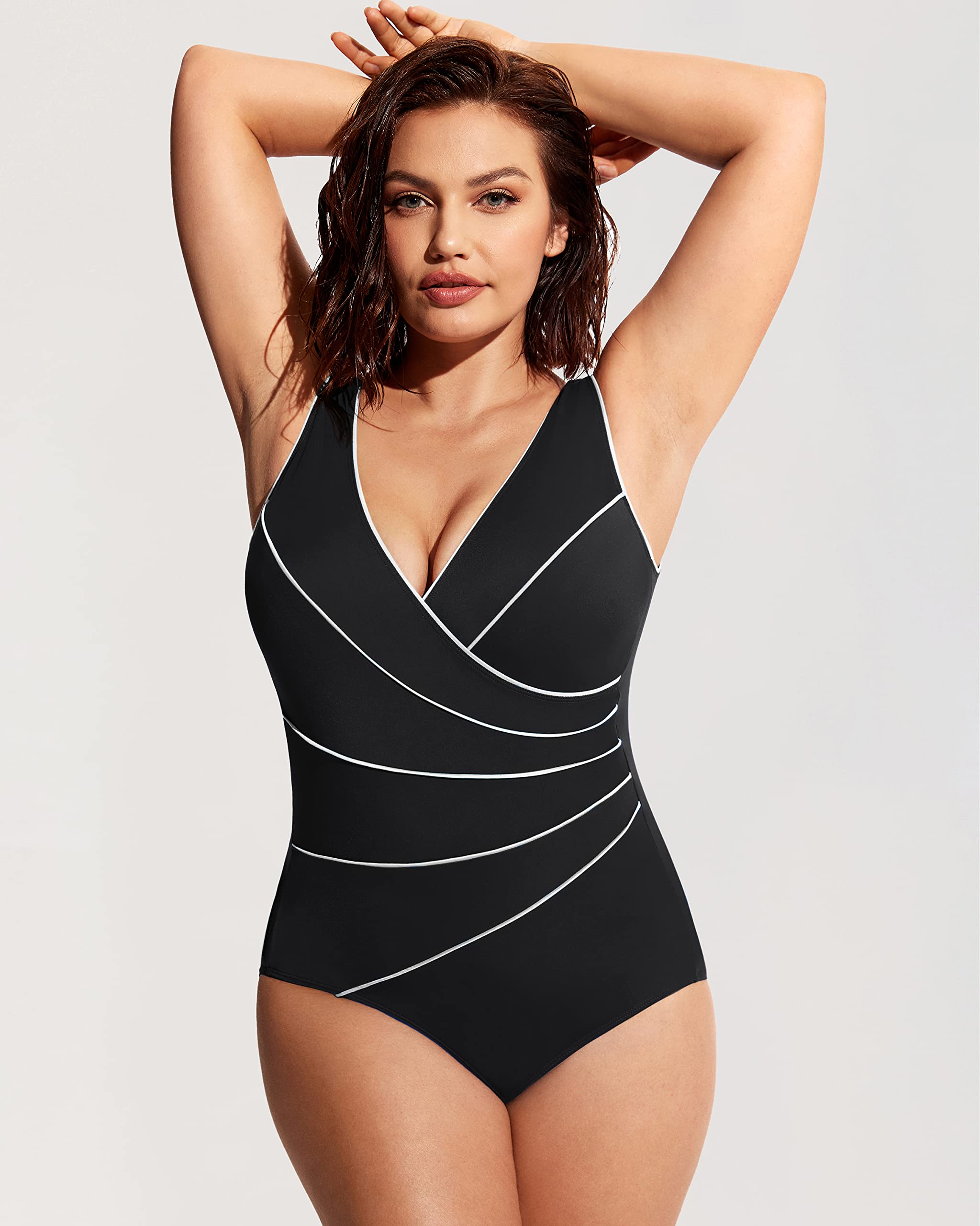 DELIMIRA Maillot de Bain Une pièce rembourré pour Femme - Grandes Tailles - Col en V