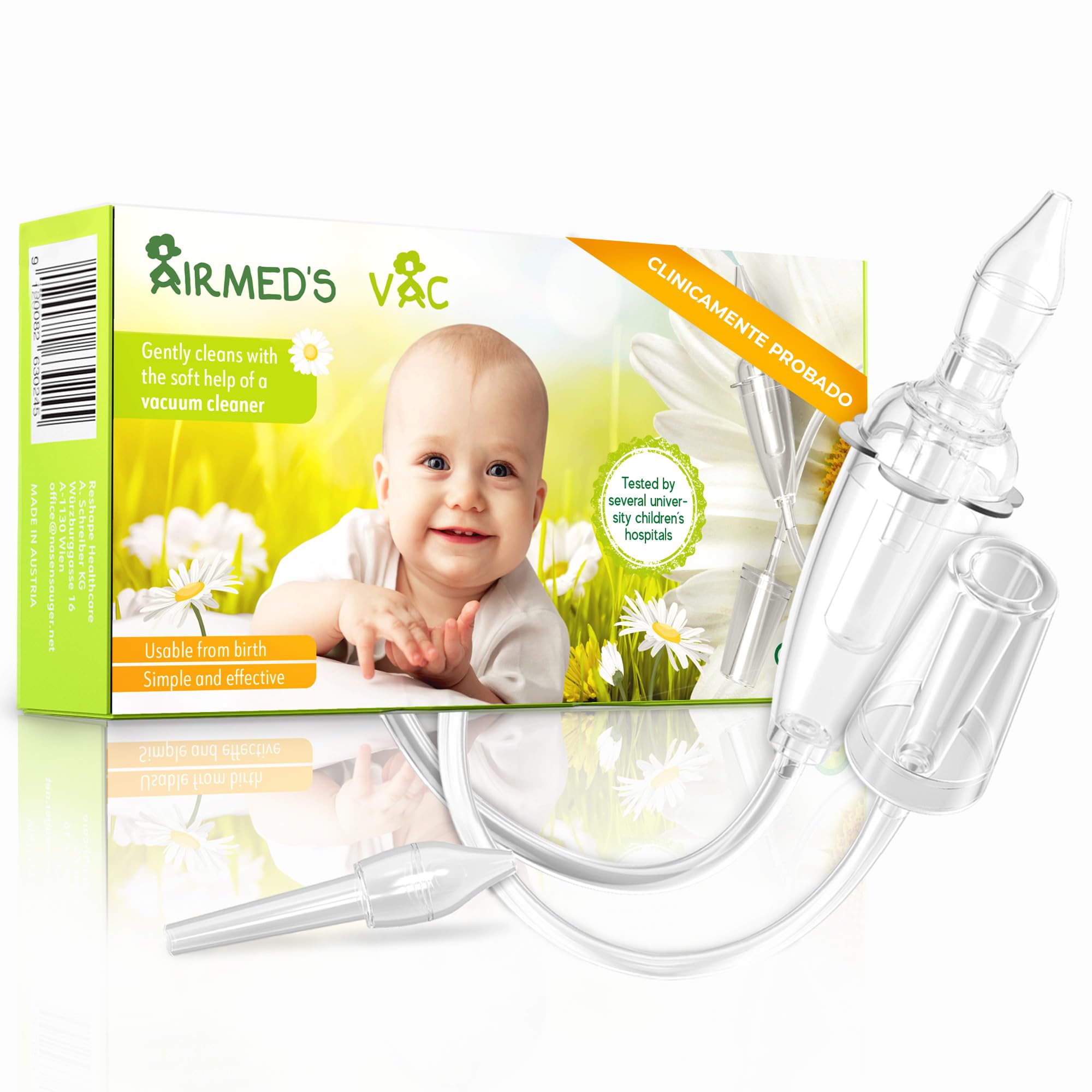 Airmed's Vac Aspirador nasal bebés. Clínicamente probado, seguro y suave | Nariz despejada en 3 segundos. Con 2 cabezales de succión y cepillo de limpieza incluido. Apto para todas las aspiradoras