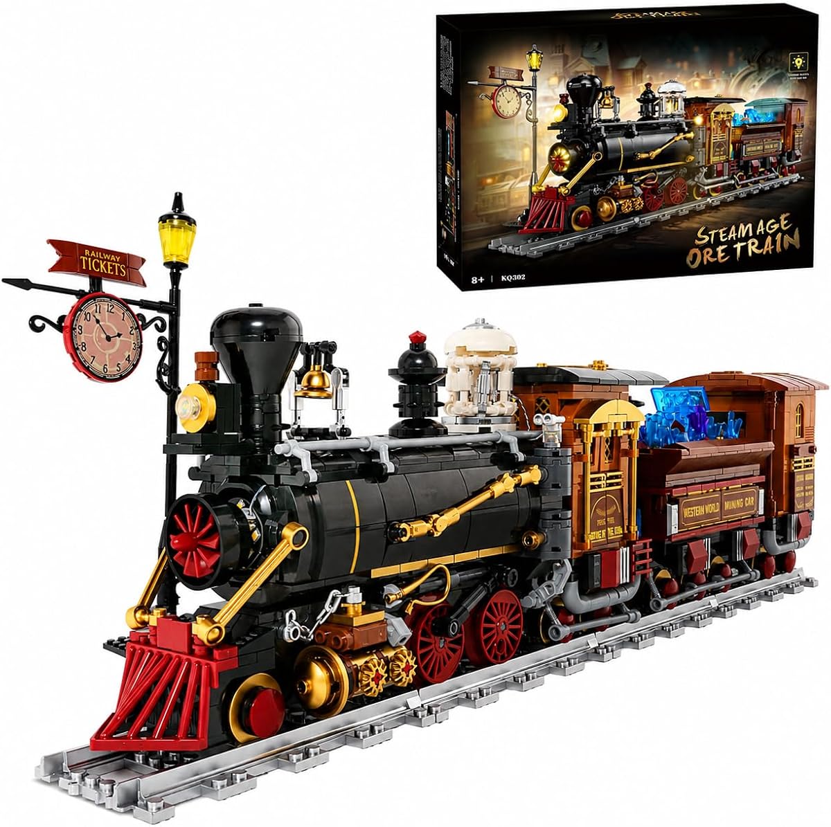 Wild West Ore Train Lighting Building Block Set with Signpost- 1402PCS | Steam Locomotive Model with LED Lights & Moving Parts, Retro Train Decor, Creative Gift for Adults&Teens&Western Enthusiasts