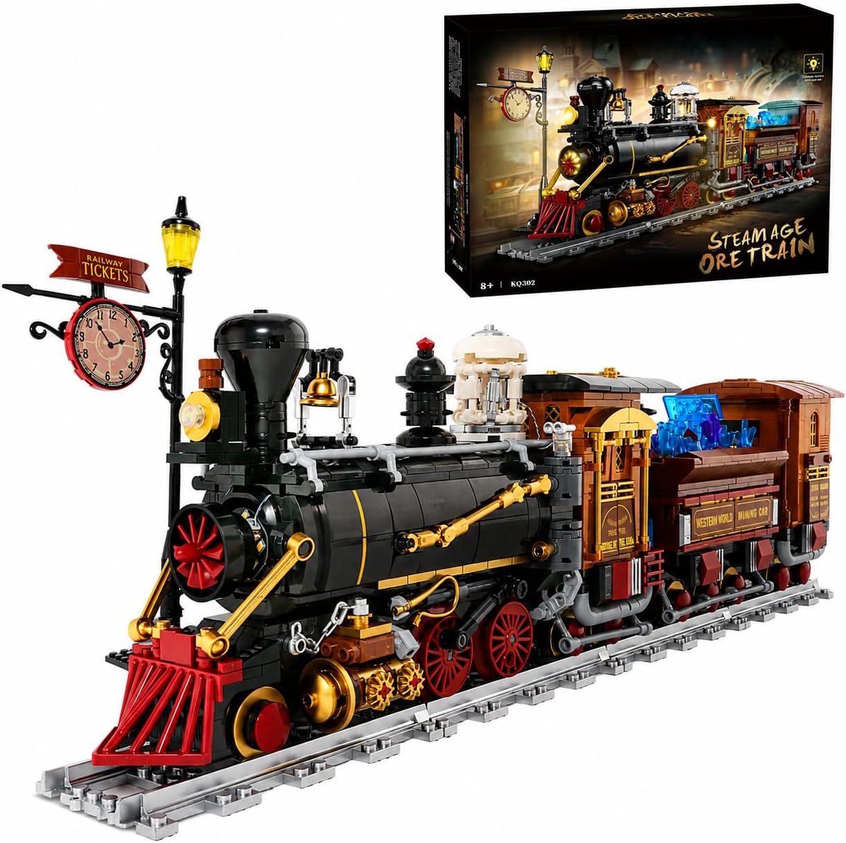 Wild West Ore Train Lighting Locomotive Building Block Set, 1402pcs with LED Lights & Moving Parts Steam Train Model with a Signpost Ideas Kit for Adults and Teens, Compatible with Lego