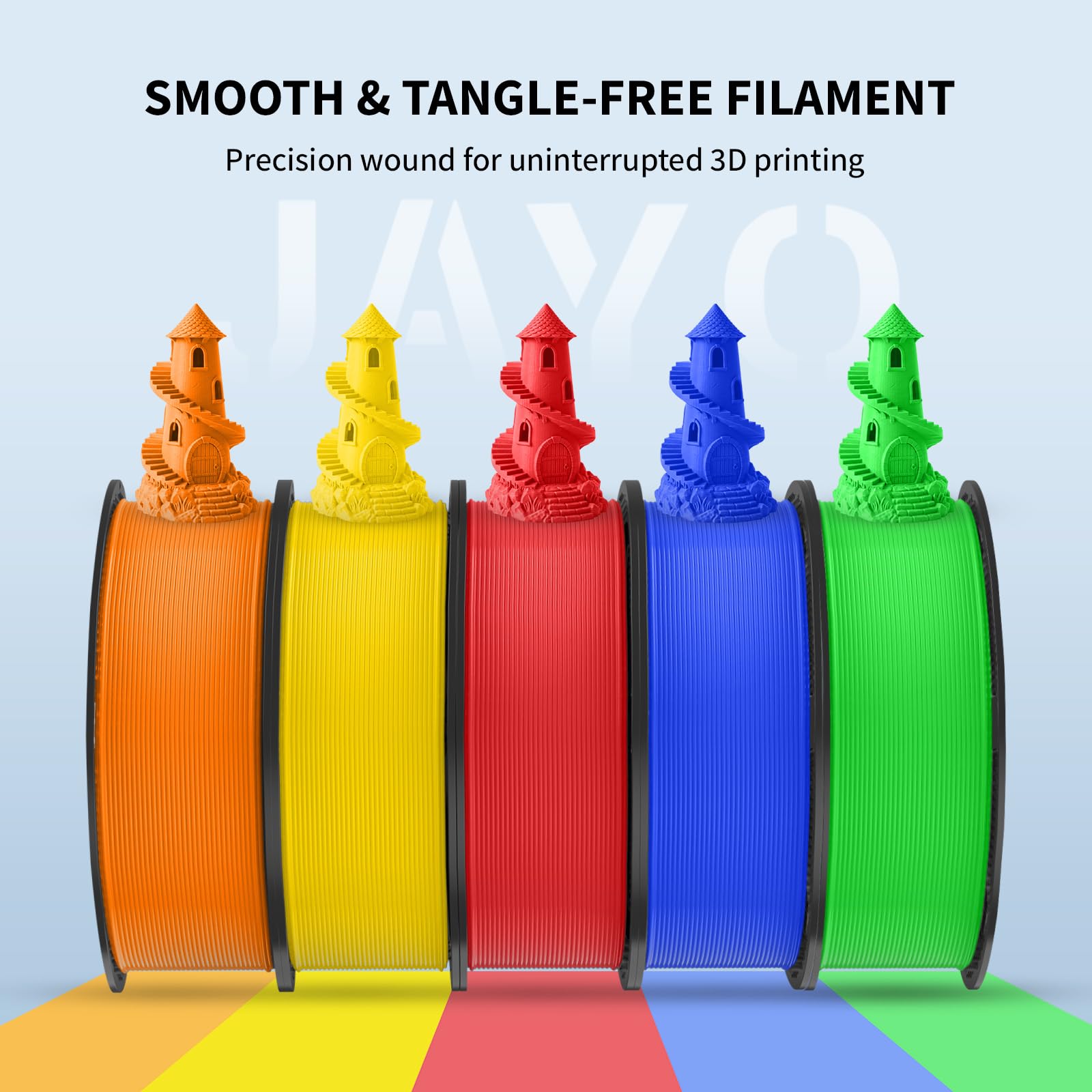 JAYO Filament PLA 1,75 mm, 4,4 kg, Zestaw filamentów PLA do drukarki 3D, 1,1 kg na szpulę, 4 szpule, wielokolorowy, do większości drukarek 3D FDM (czerwony, niebieski, żółty, pomarańczowy)