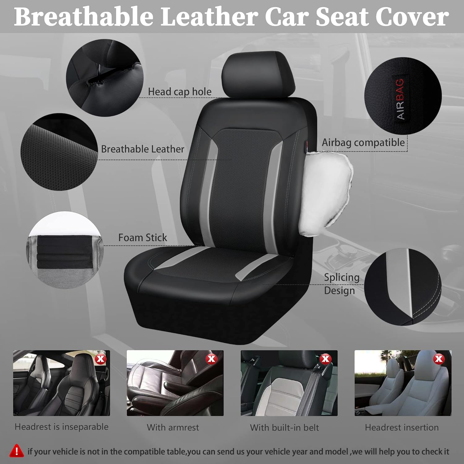 CAR PASS Universal Leather Car Seat Covers Full Set, Waterproof Durable PU, Airbag SRS, 2zipper in Rear, Faux Leather Seat Covers 5 Seats Fit for SUV Pick-up Truck Vehicle Black with Grey