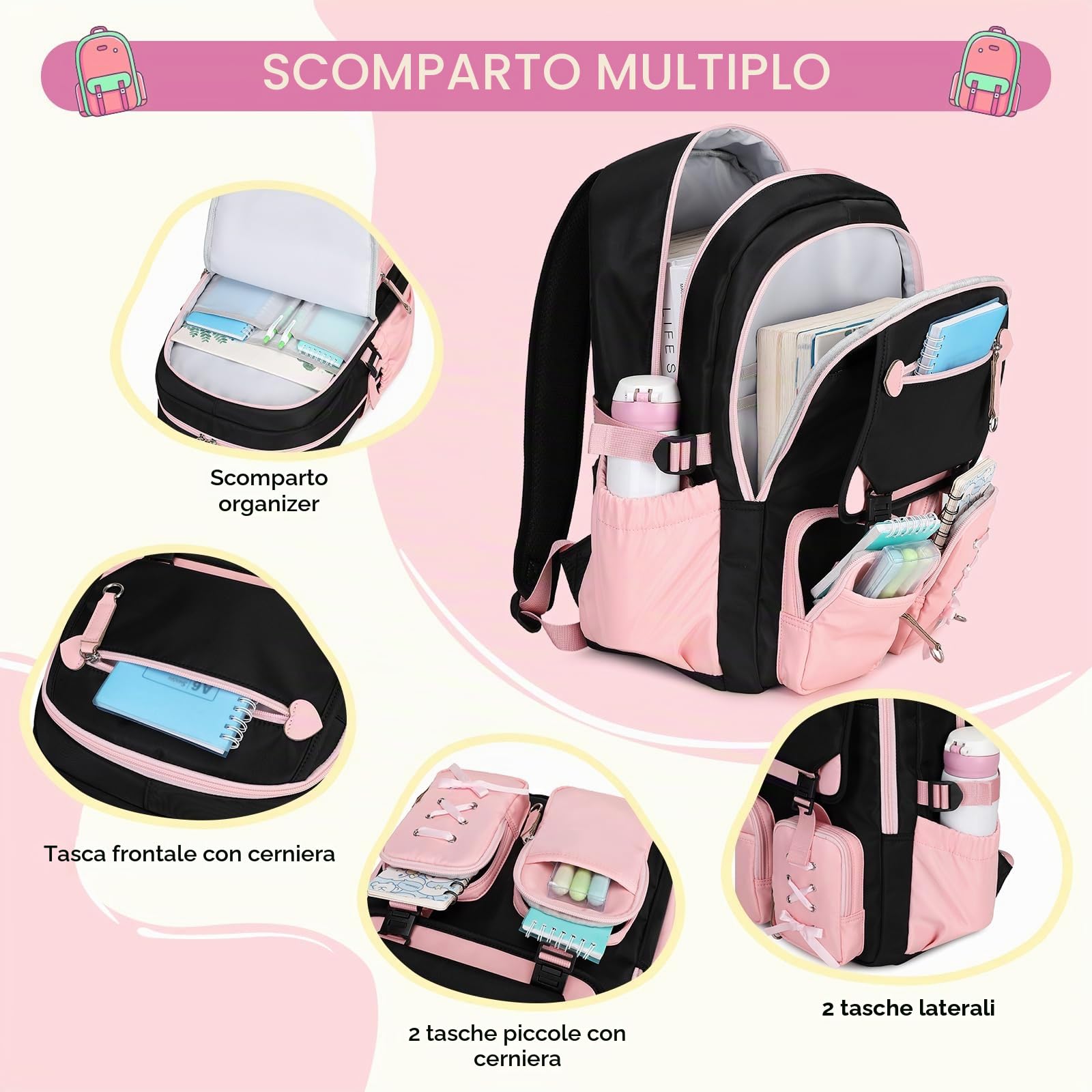 Tanou Zaino per Ragazze 3 Pezzi per la Scuola Elementare e Media
