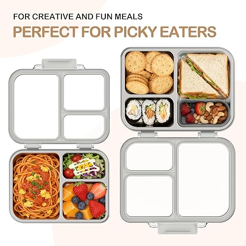 Miniatura 3 de Lonchera Bento de acero inoxidable para niños y adultos, 3 compartimentos, caja Bento de metal con tapa transparente y recipiente de silicona para