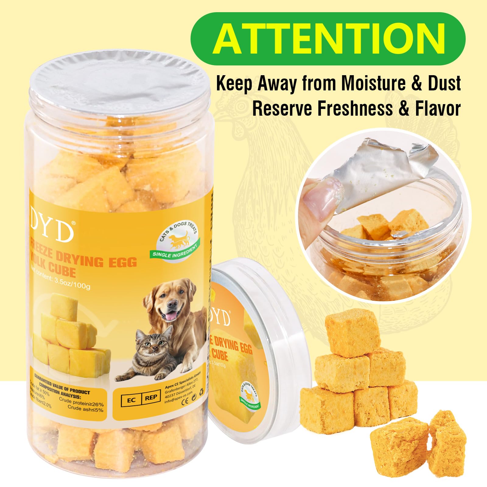DYD Snack Liofilizzato al Tuorlo d'Uovo per Gatti & Cani - Ingrediente Singolo Naturale - Supporta Pelle e Mantello - Croccante Premio Sano per Addestramento - Senza Additivi, Senza Cereali - 100g