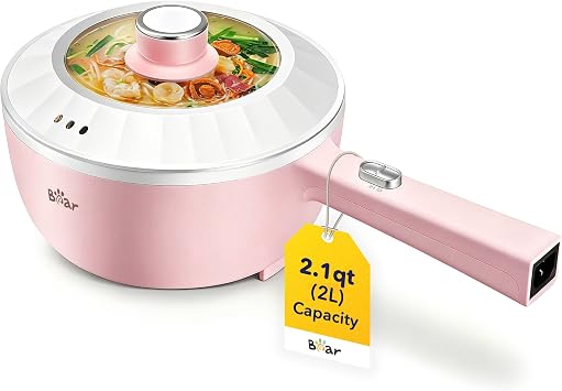 Bear 2L Electric Hot Pot Electric, Nonstick, Dual Power Adjustment, Pink | Multifunctional Portable 1000W Cooking Pot,Rapid Noodles Electric, Non-Stick Frying Pans for Steak, Egg, Ramen, Oatmeal