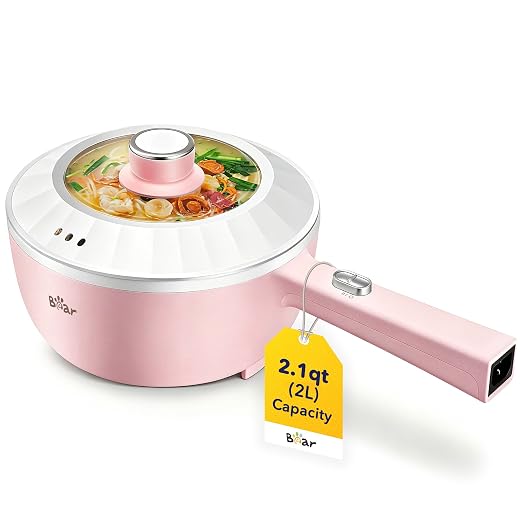 Bear 2L Electric Hot Pot Electric, Nonstick, Dual Power Adjustment, Pink | Multifunctional Portable 1000W Cooking Pot,Rapid Noodles Electric, Non-Stick Frying Pans for Steak, Egg, Ramen, Oatmeal