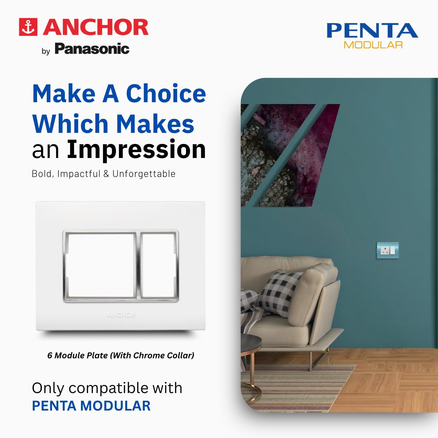 Anchor by Panasonic Penta Modular Gina 6 Module Plate with Chrome Collar for Switch Board, 10 Years on Site Warranty (White, 65806) 1