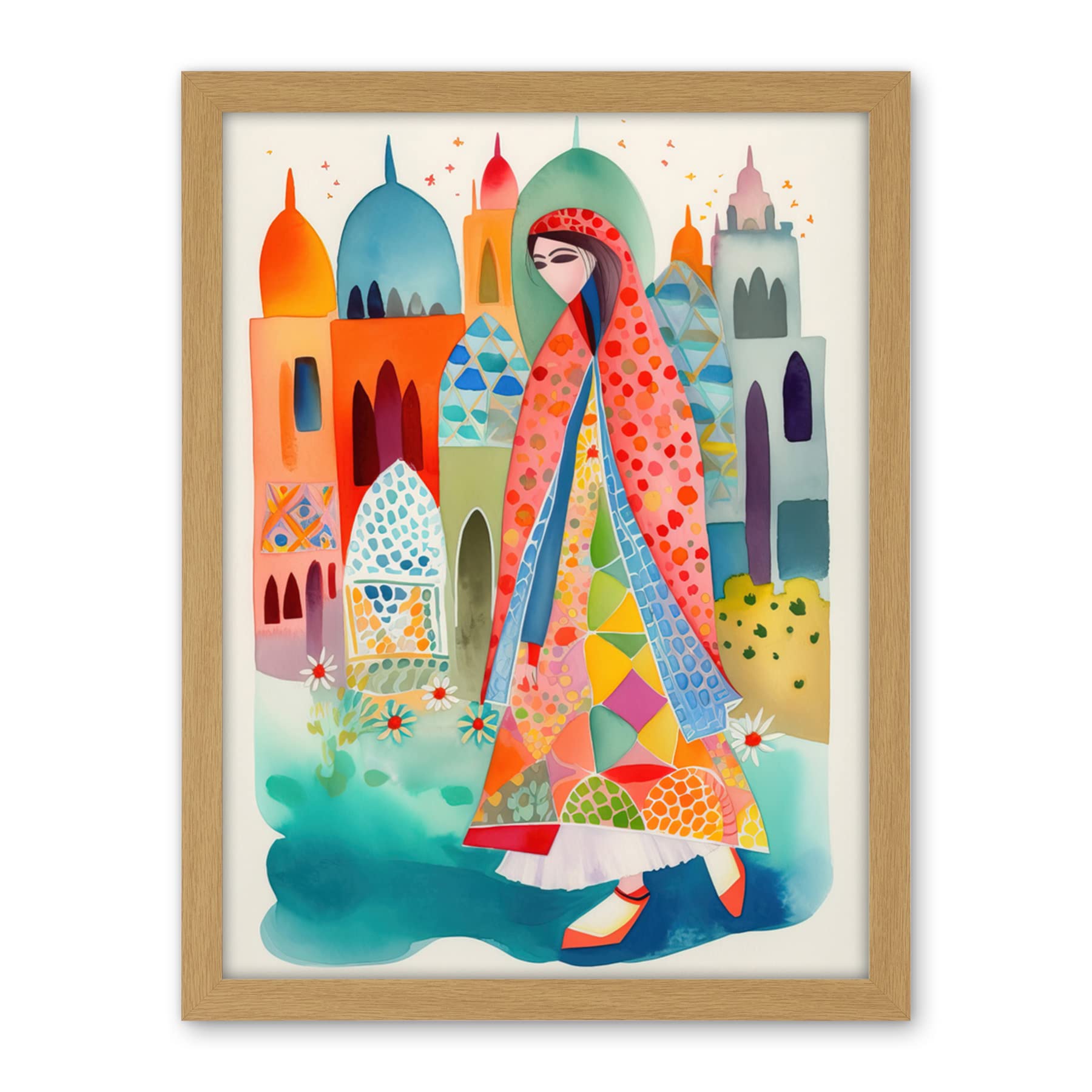 Artery8 Hijab Muslim Woman with Buildings Folk Art Artwork Framed Wall Art Print 18X24 Inch