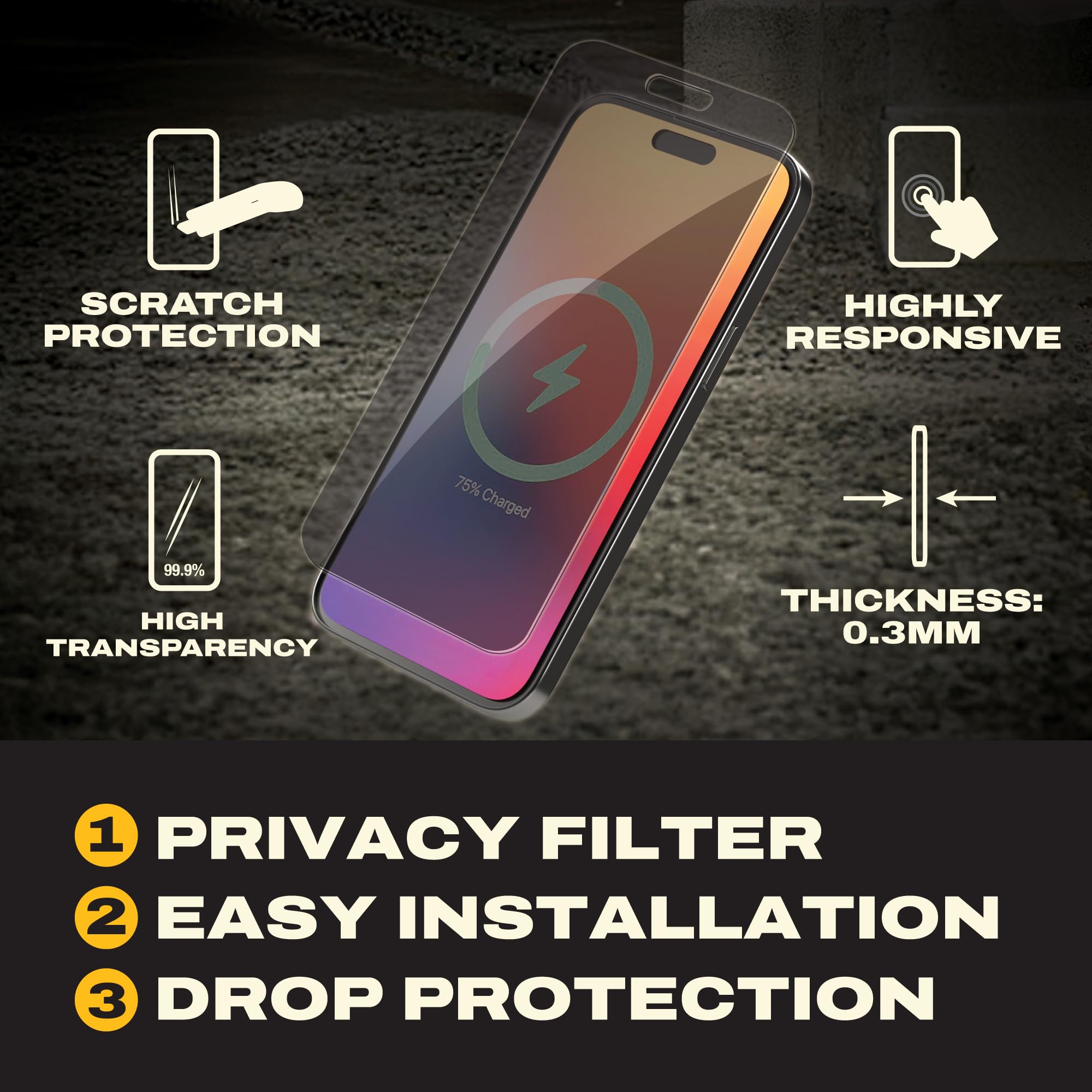 DEWALT Pellicola protettiva per schermo Heavy Duty da 2 pezzi compatibile con iPhone 17, protezione del sensore, compatibile con Dynamic Island, vetro temperato anti-spia [durezza 9H]
