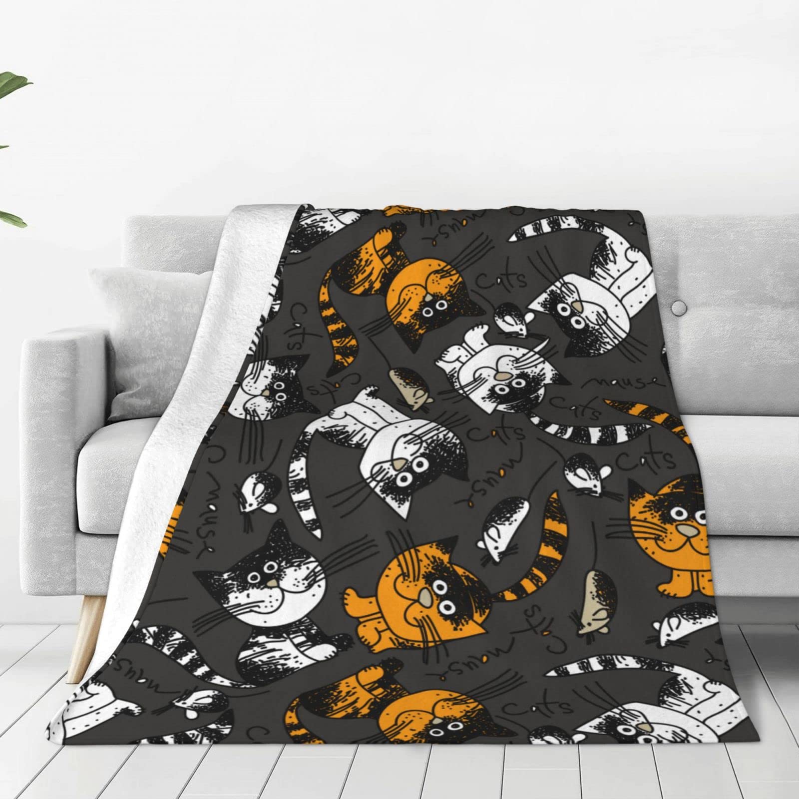 Coperta con gatti bianchi e arancioni per letto, divano, sfondo grigio, coperta in pile leggera, morbida e accogliente, 127 x 101,6 cm