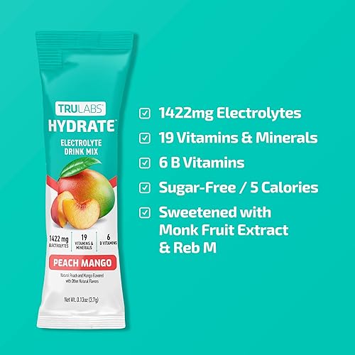 Miniatura 2 de TRULABS Hydrate - Peach Mango. Paquetes de hidratación de electrolitos sin azúcar. Cada porción contiene 1422 mg de electrolitos y 19 vitaminas y