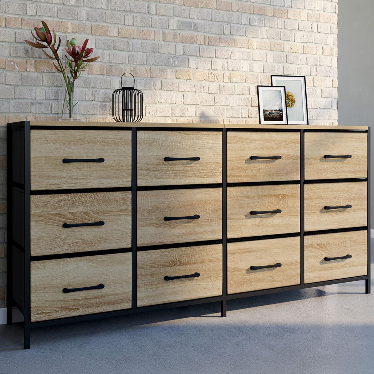 IDMarket - Cómoda de 12 cajones en tela Utah de 140 cm, mueble de almacenamiento de diseño industrial