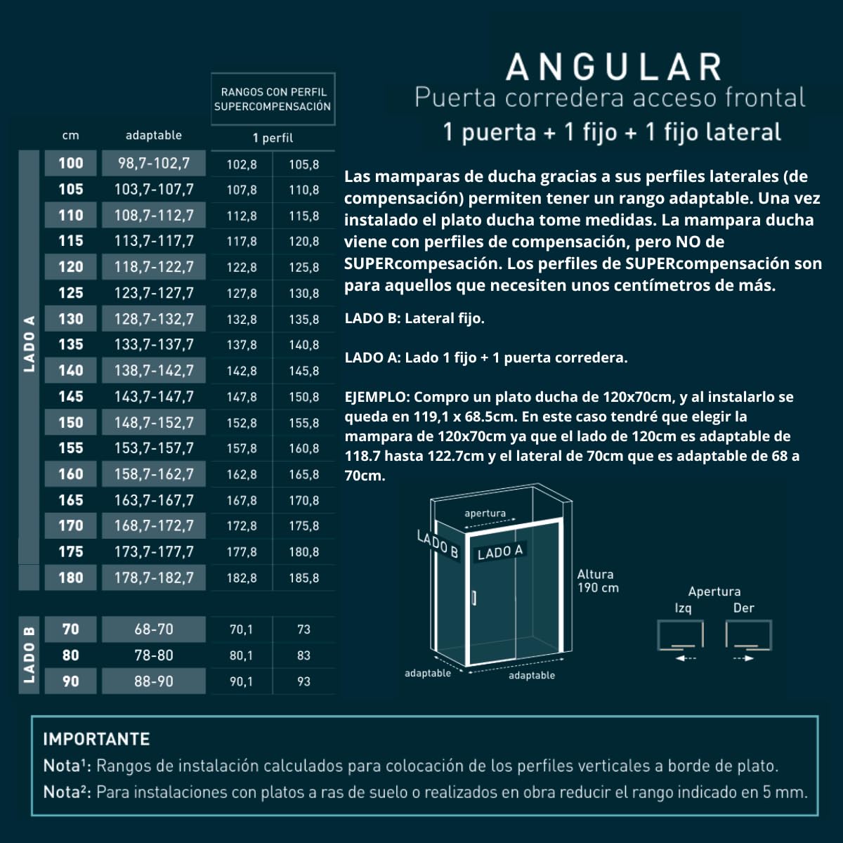 Mampara Ducha Rectangular Frontal Corredera 1 Puerta 1 Fijo | Cristal Templado 5mm Transparente | Perfil Negro 115cm (Adaptable 113,7-117,7cm) X 70cm