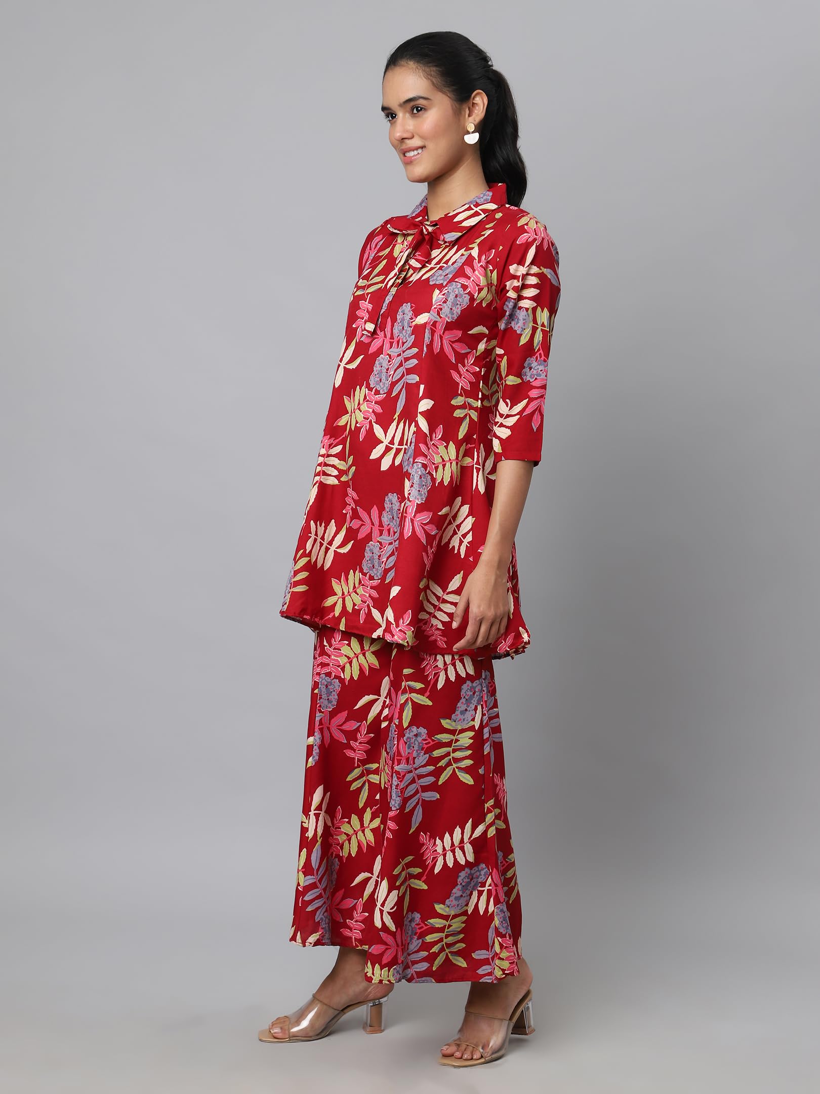 Avanova Soft Maslin Silk V Neck Co-Ords Set For Women's | Printed Shirt & Bottom Set For Women | Suit Set | Two Piece Dress (Co-Ods 84 Maroon S)