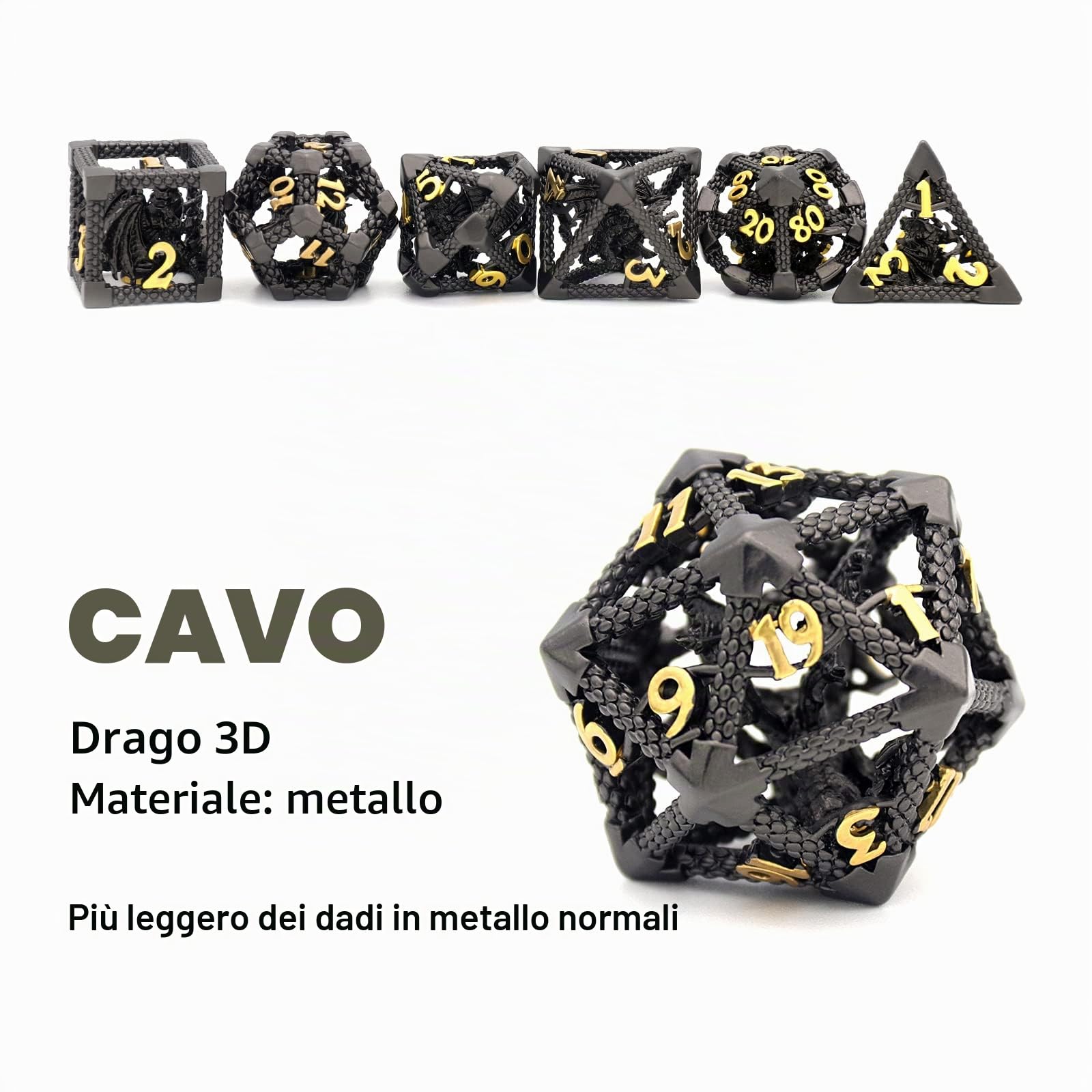 Set di Dadi Poliedrici in Metallo HNCCESG – 7 Pezzi per Giochi di Ruolo e da Tavolo (Design 3D Drago Cavo, Nero)