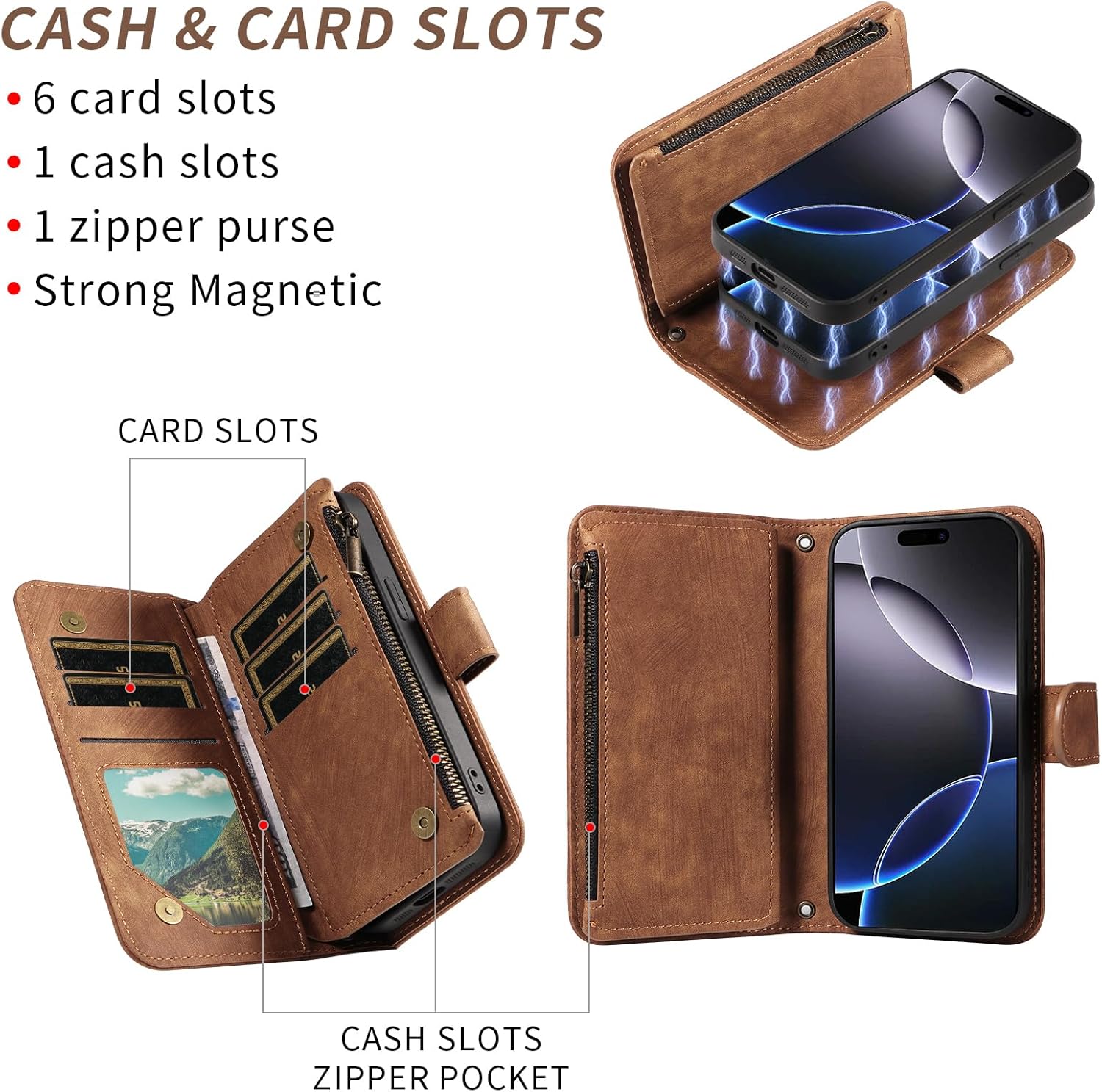 Asuwish Phone Case for iPhone 16 Pro Max 6.9 inch Zipper Wallet Detachable Magnetic Cover with Tempered Glass Screen Protector Crossbody Lanyard Card Holder i Phone16 16Pro i16 ProMax 16ProMax Brown