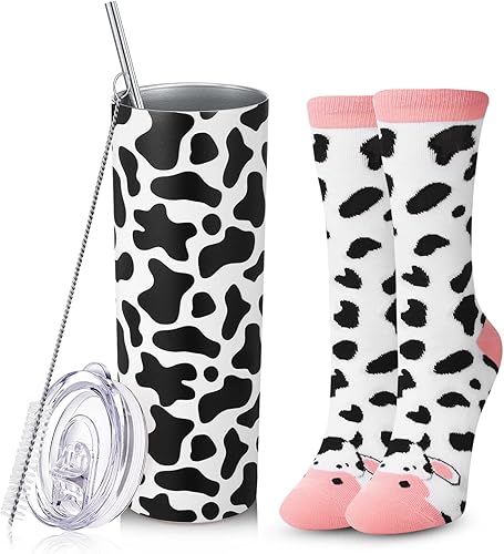 2 piezas de regalos divertidos de vaca con estampado de vaca, calcetines de vaca para mujer, calcetines de animales lindos para mujer, vaso de agua