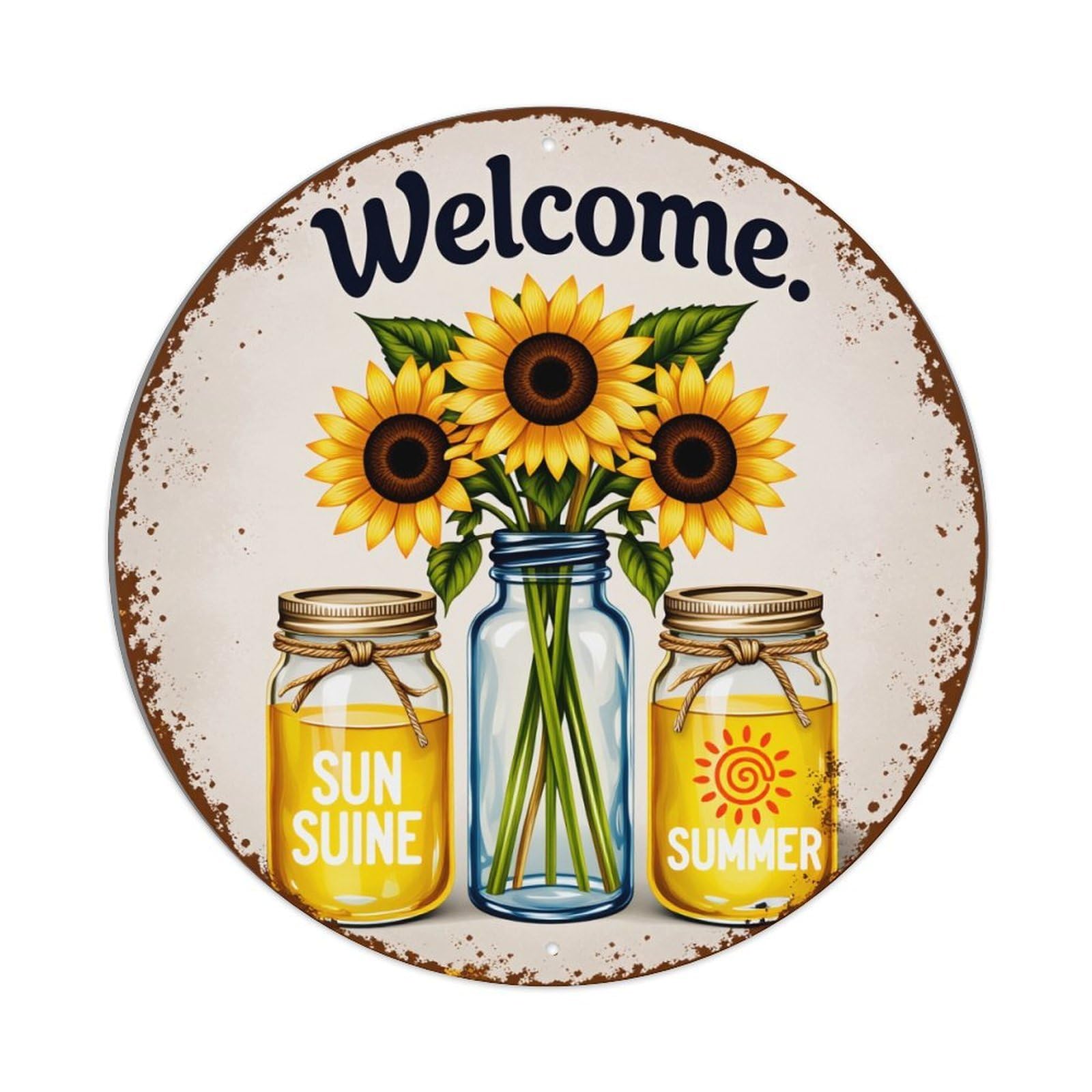 Welcome Sunflowers Summer Jars Sunshine Vintage Metal Tin Sign Retro Wall Decor for Home Bar Garage Cafe, Indoor & Outdoor Decorative，circle Metal Poster, 8x8 Inch