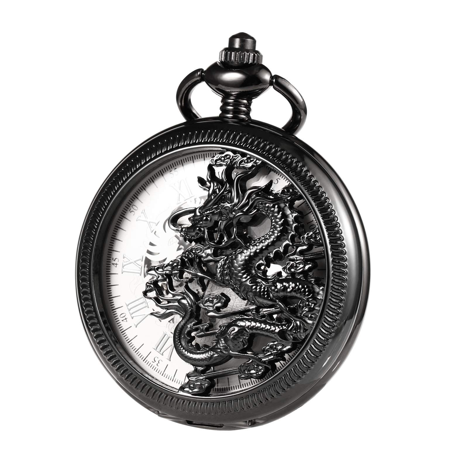 TREEWETO Orologio da taschino meccanico da uomo, con scheletro, drago cavo, con catena e scatola