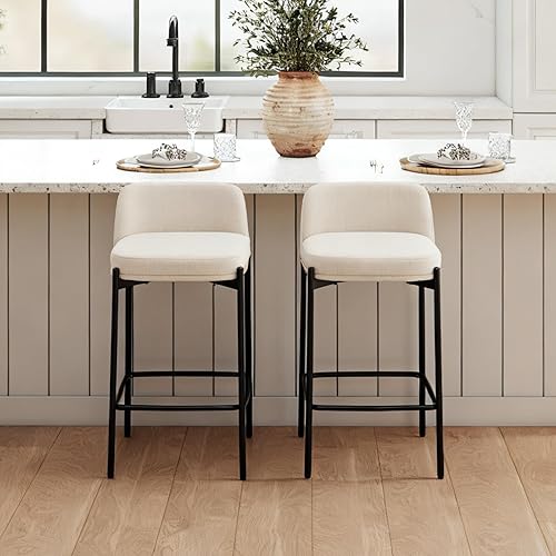 Miniatura 9 de Juego de 2 taburetes modernos de sherpa de 26 pulgadas, taburetes de bar tapizados de color blanco con respaldo cómodo, sillas de comedor altas,