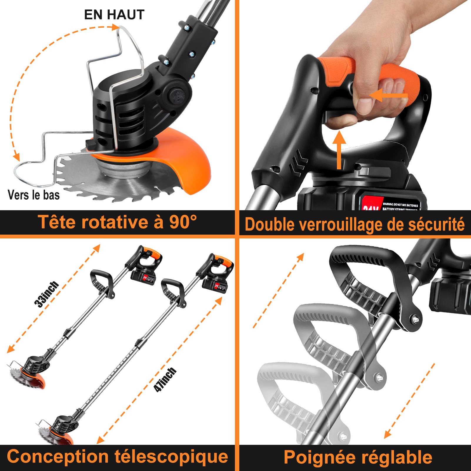 Débroussailleuse Électrique sans Fil 21V avec Batterie et 4 Lames, Coupe-Bordure pour Jardin et Pelouse