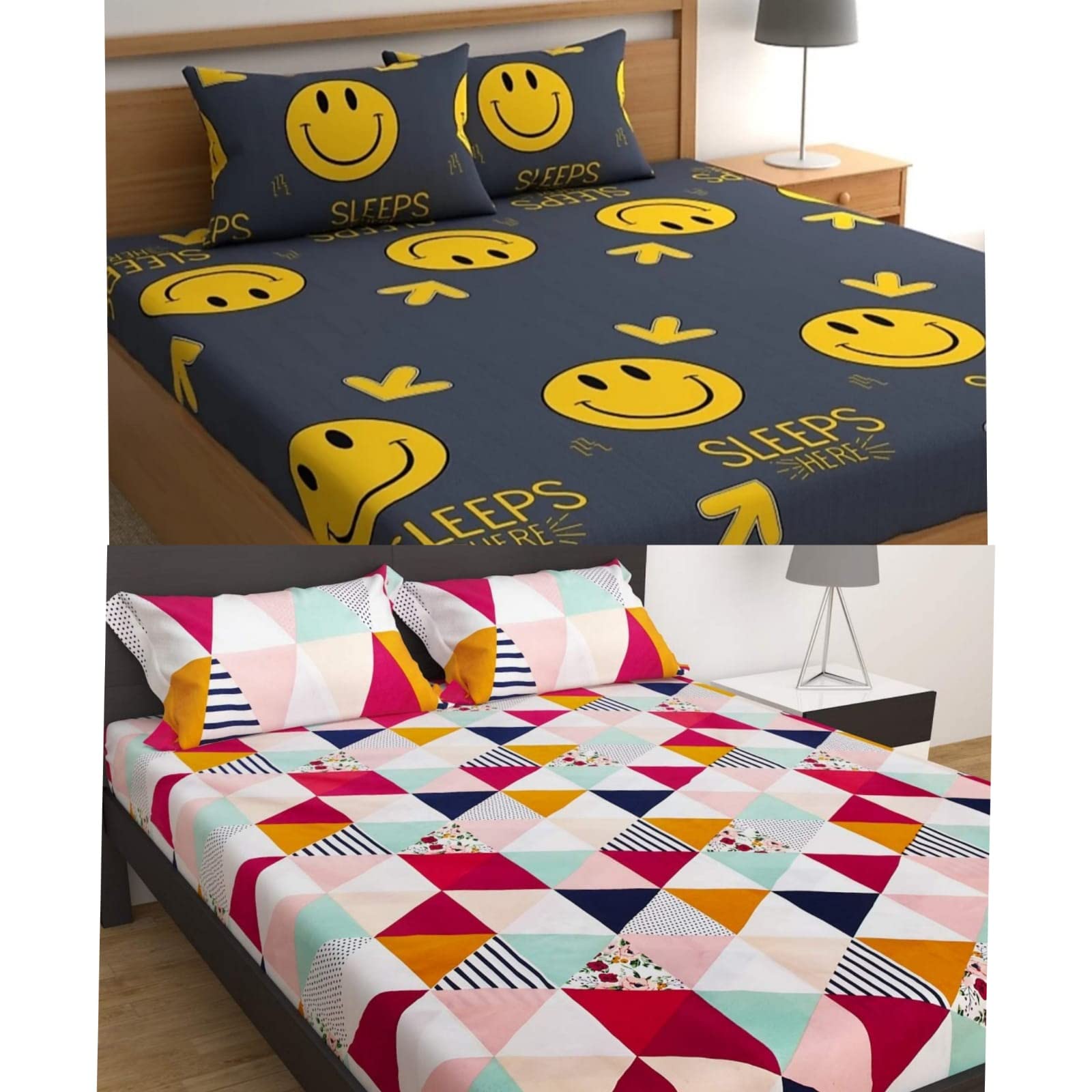 Soniasaa Prime Collection Combo Pack of 2 Double Bedsheet with 4 Pillow Covers | 195 TC Soft Brushed Glace Cotton -Long Lasting & Wrinkle Free Bedsheet for Double Bed (Multi & Smile)