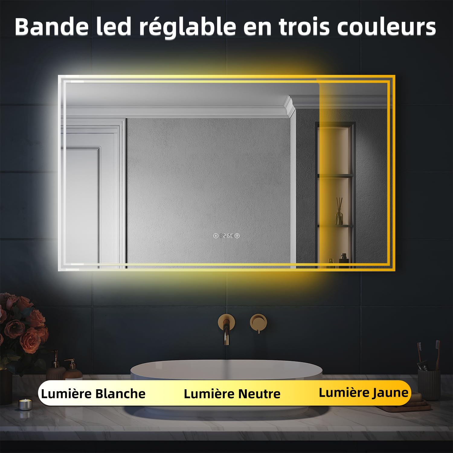SIRHONA Specchio da Bagno con Illuminazione a LED Colori modificabili e luminosità regolabile Specchi da Bagno a Parete con Display di Tempo e Temperatura 90x70cm Specchi LED