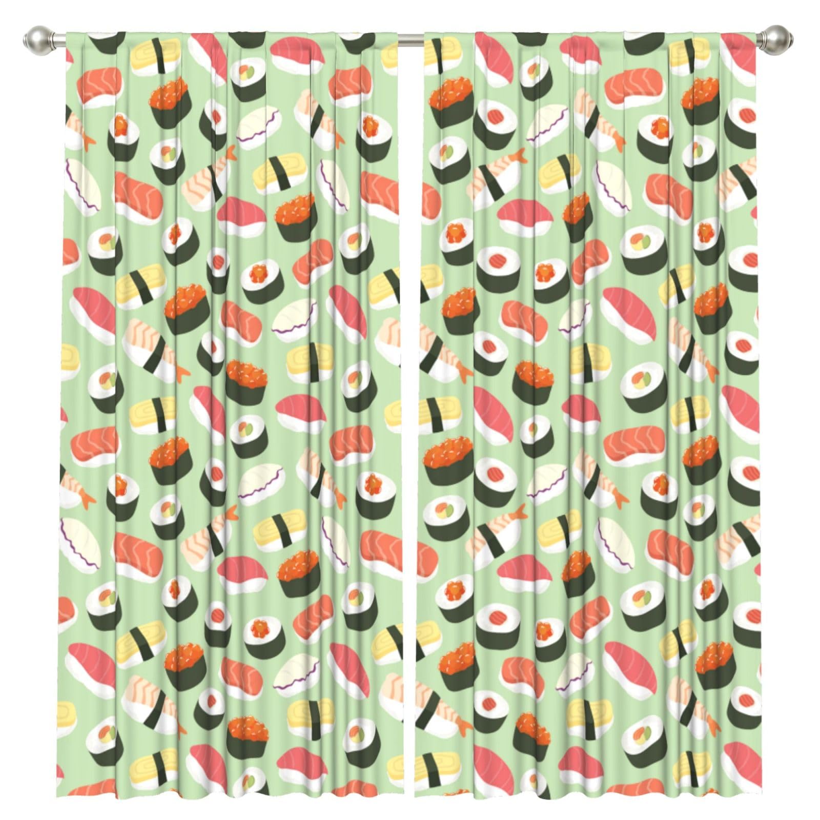 InOmak Sushi On Green Printed, 2 Panels Window Curtains 52 x 84 Inch Blackout Curtains for Living Room Bedroom