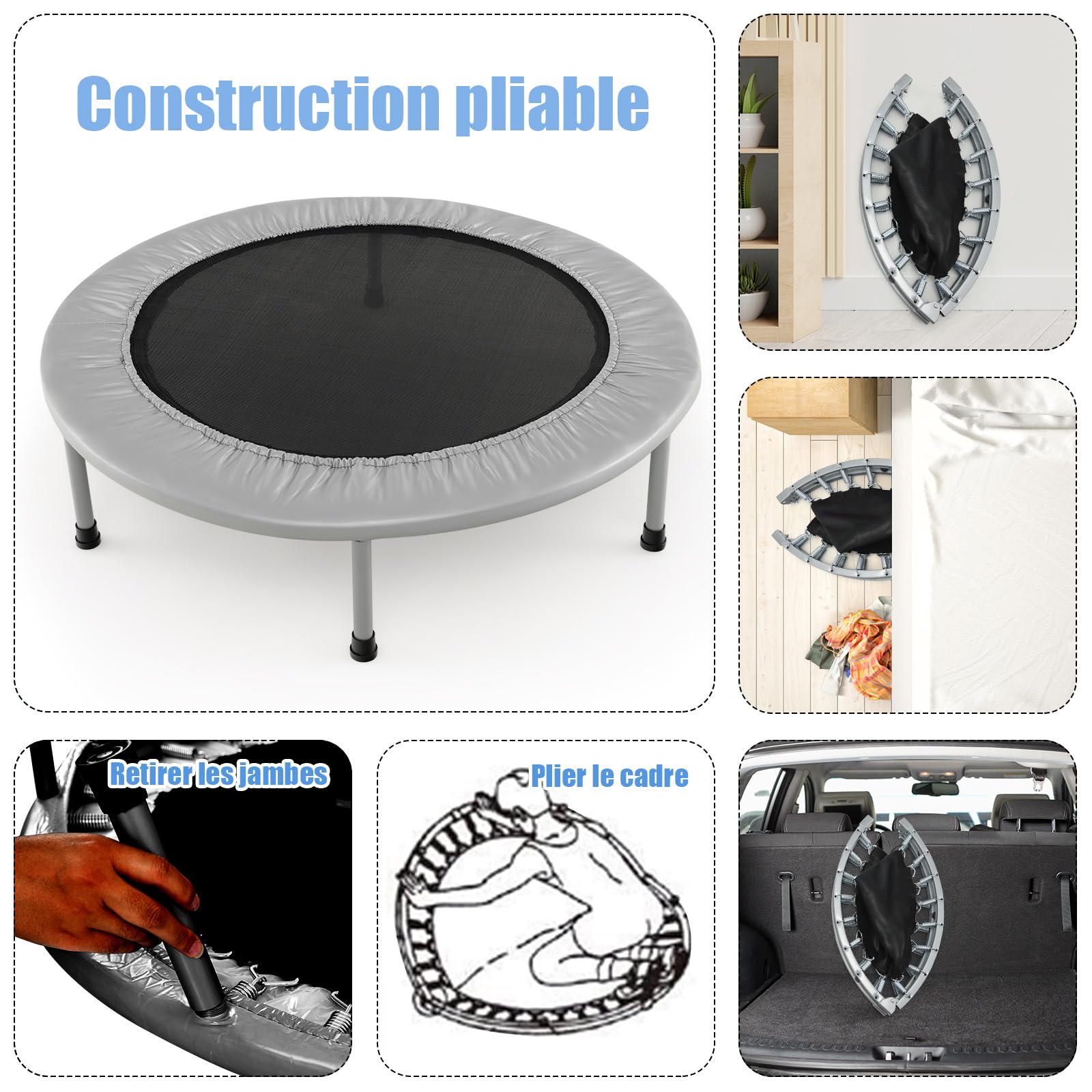 Trampoline Fitness Pliable Ø 97cm, Charge 150 kg, Tapis en PP, 32 Ressorts en Acier, 6 Patins Antidérapants, Trampoline Enfants Adultes Interieur, 360° Protection, Couverture Rembourrée