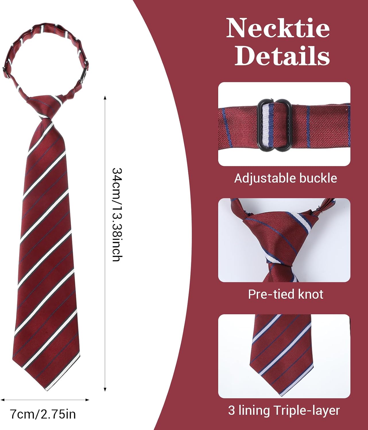 Ties for Boys Kids, Stripe Ties for Boys, Pre-Tied Adjustable Clip on Neckties for School Uniforms Graduation Wedding Parties Cosplay Casual (Red & White)