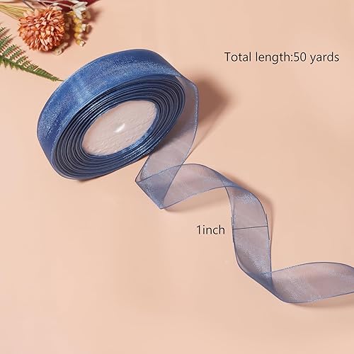 Miniatura 2 de Hiswan Cinta de organza transparente de 1 pulgada, 50 yardas, cinta de gasa azul real para envolver regalos, ramo de boda, manualidades