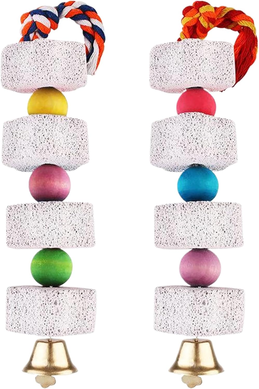 Xweptuy Bird Beak Grinding Stone 2Pcs Natural Cockatiel Rabbit Toys with Bell Cute Parrot Bird Chew Toys Cage Accessories Lava Block Calcium Supplement Food for Cockatiel Conure, Color Random