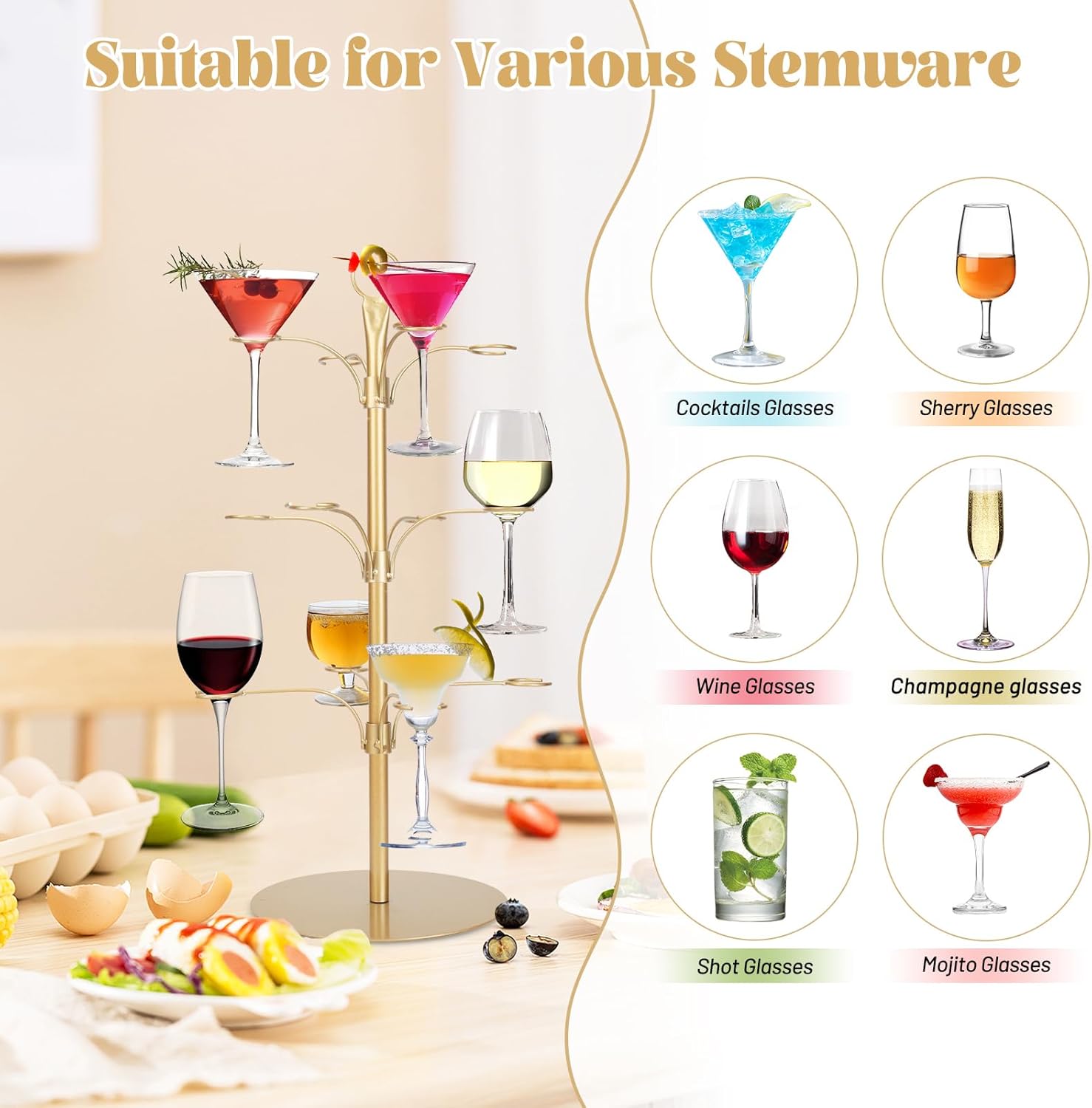 Cocktail Tree Stand for Drinks,Champagne Tower, 3 Tier - 12 Holders Drink Tower,Wine Glasses Holder for Champagne, Cocktails, Martini, Margarita Cups,Gold