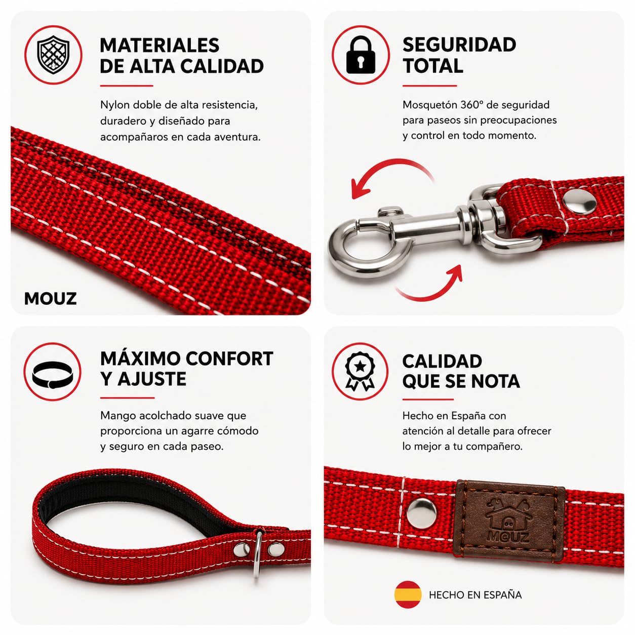 MOUZ Correa Perro adiestramiento de Nailon Doble, de 1.20metros, Alta Resistencia, Correa con Mango Acolchado, mosquetón de Seguridad 360º y Clip para Accesorios. Hecho en España. (Rojo)