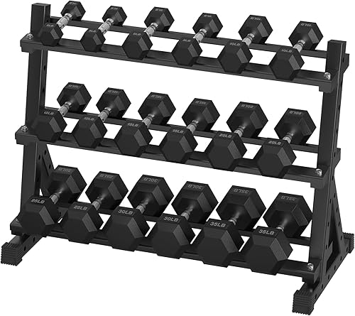 Miniatura 12 de Juego de mancuernas hexagonales con estante, 290-670 lb juego de mancuernas de ejercicio y fitness con revestimiento de goma, peso de mano para