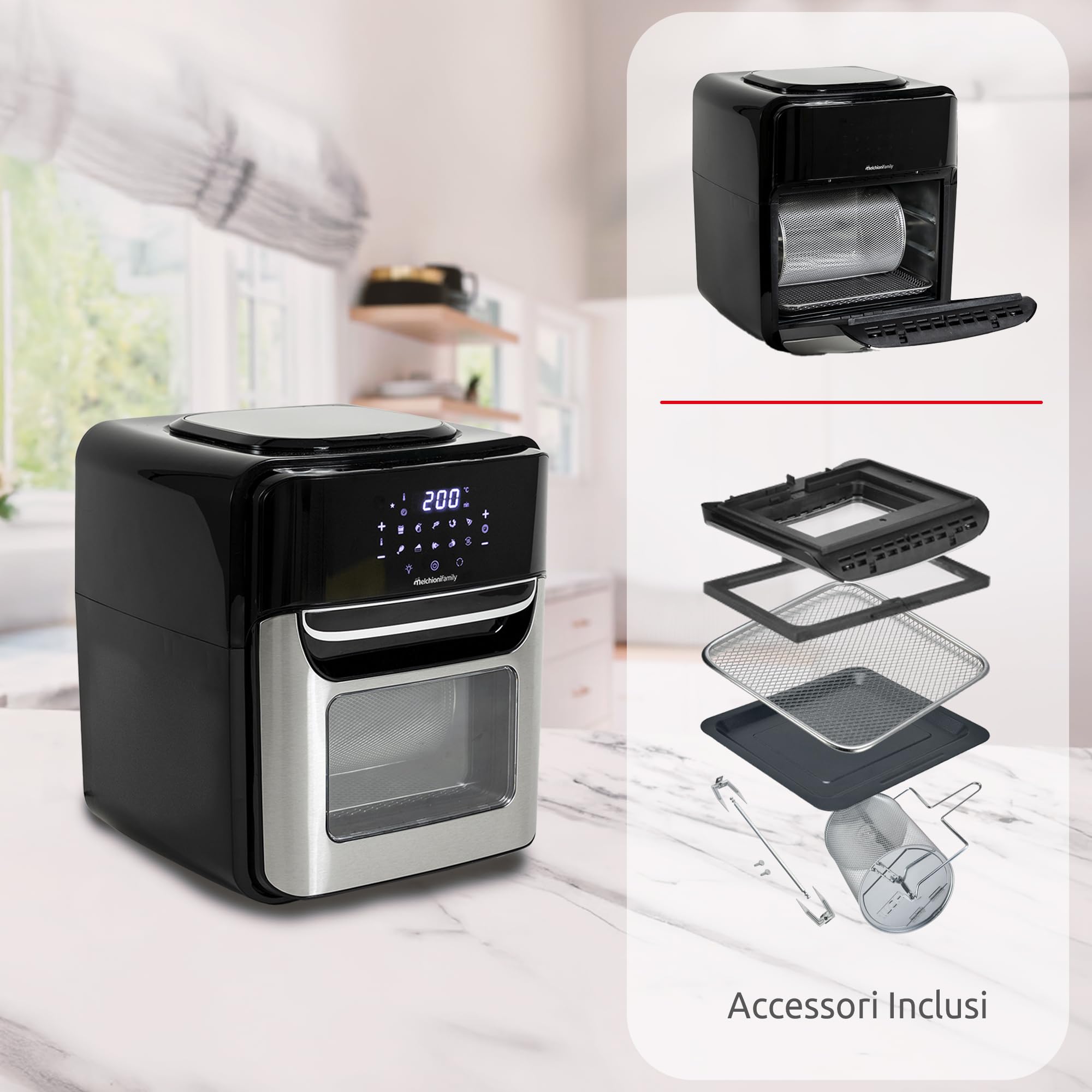 Girmi FG97 Friggitrice Ad Aria 12 Litri E Forno Elettrico, 1600-1800W, 12 Programmi Preimpostati, Cestello Rotante & Girarrosto, Vassoio Raccogli Grasso, Display Digitale, Accessori, Grigio Acciaio - Foto 8