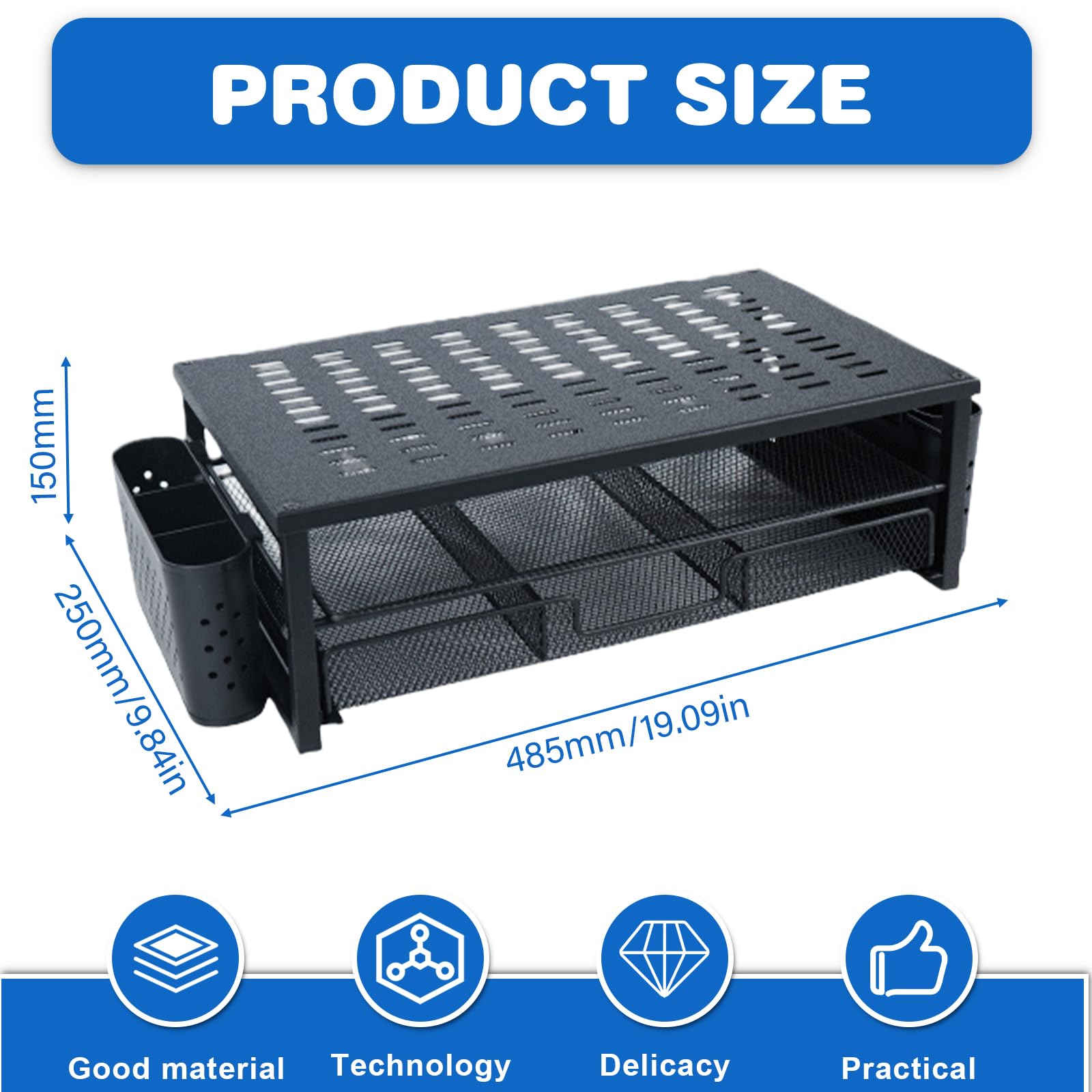 Supporto per monitor, organizer da scrivania con cassetto e 2 portapenne, rialzo monitor, altezza dello schermo 48,5 x 25 x 15 cm, con passacavo per laptop, computer, notebook, PC (nero)