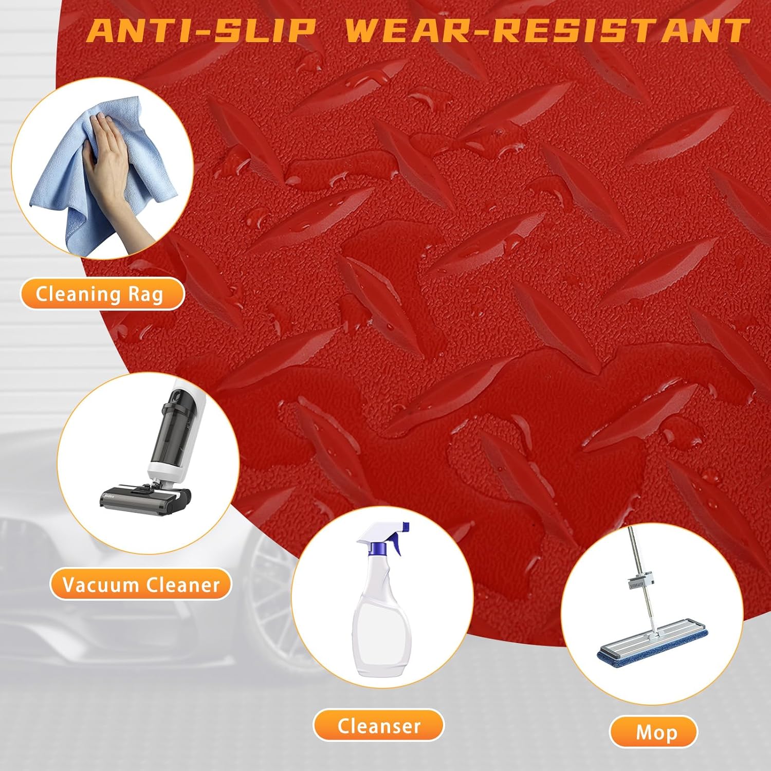 Boshen 5x12FT Garage Floor Mat, 2.5mm Thickened Diamond Plate PVC Rubber & Vinyl Flooring Roll, 60 SQFT Non-Slip Rubber Garage Mat for Floor Under Car Protection - Red