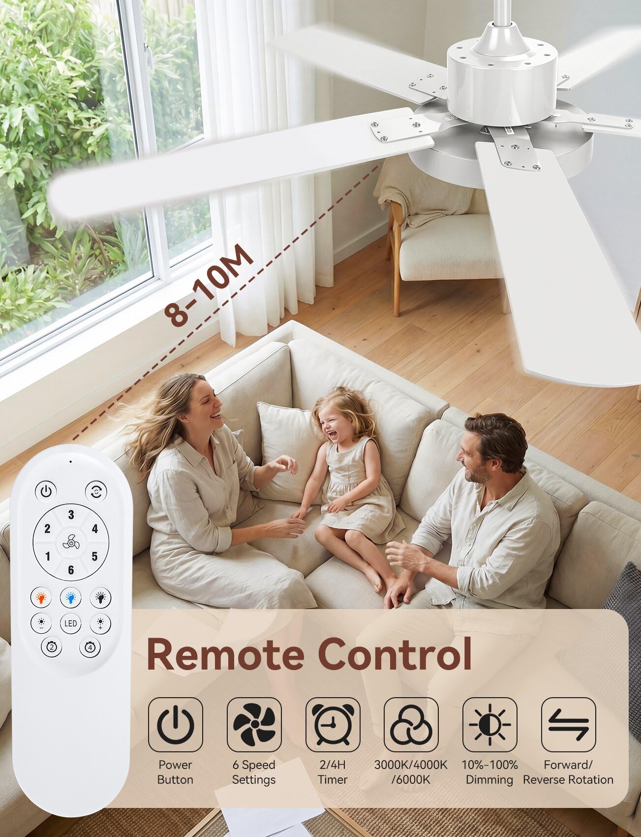 Aigostar Ventilador de Techo con Luz Silencioso 52″, Motor DC Reversible 29W, 31.5W LED, Mando a Distancia, 6 Velocidades, 3000K/4000K/6500K Regulable, Ideal para Dormitorio, Sala o Cocina