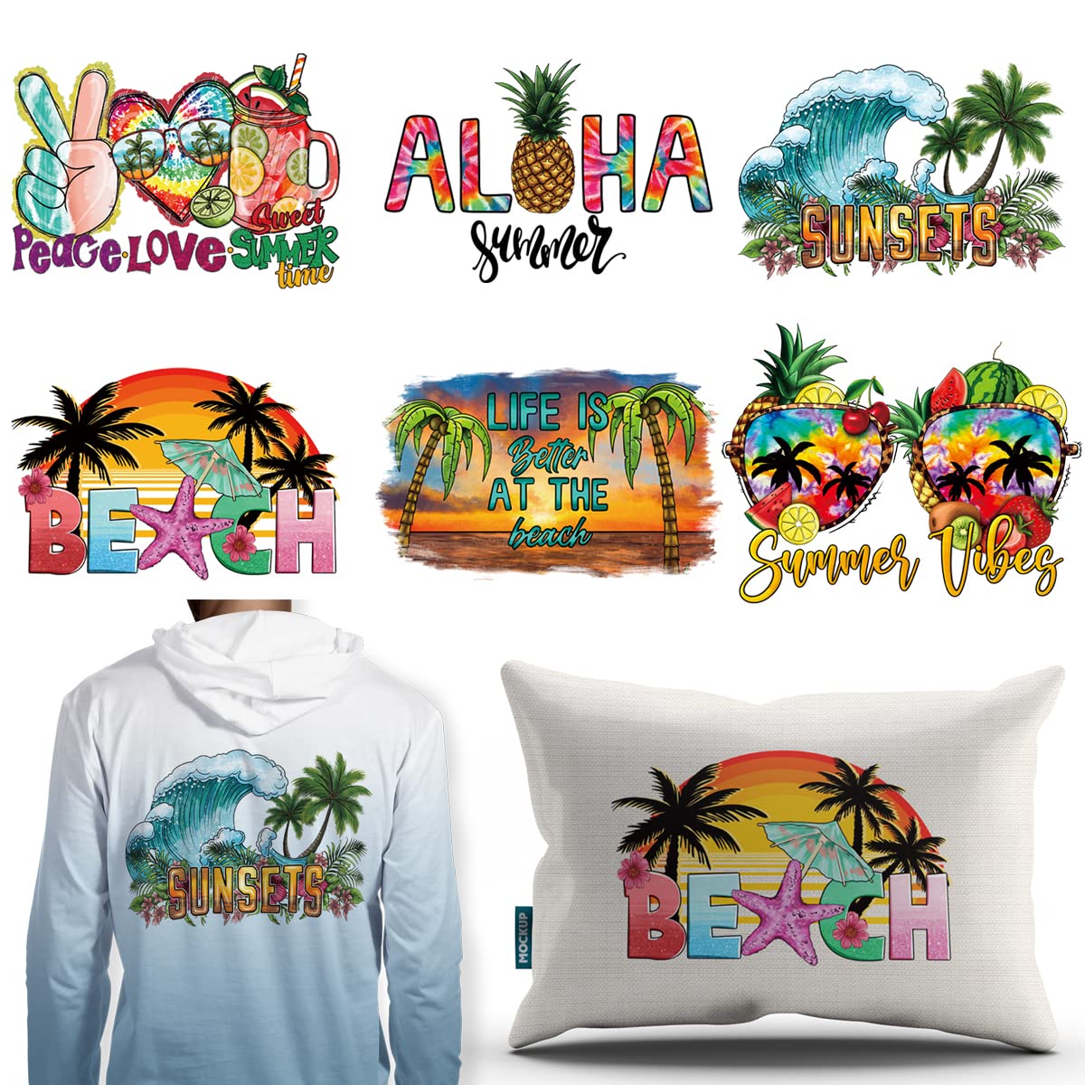 Hawaiian Iron on Transfer Summer Party Iron on Decals T-Shirt Iron on Patches Heat Transfer Stickers Palm Tree Fruits Design Thermal Transfer Applique