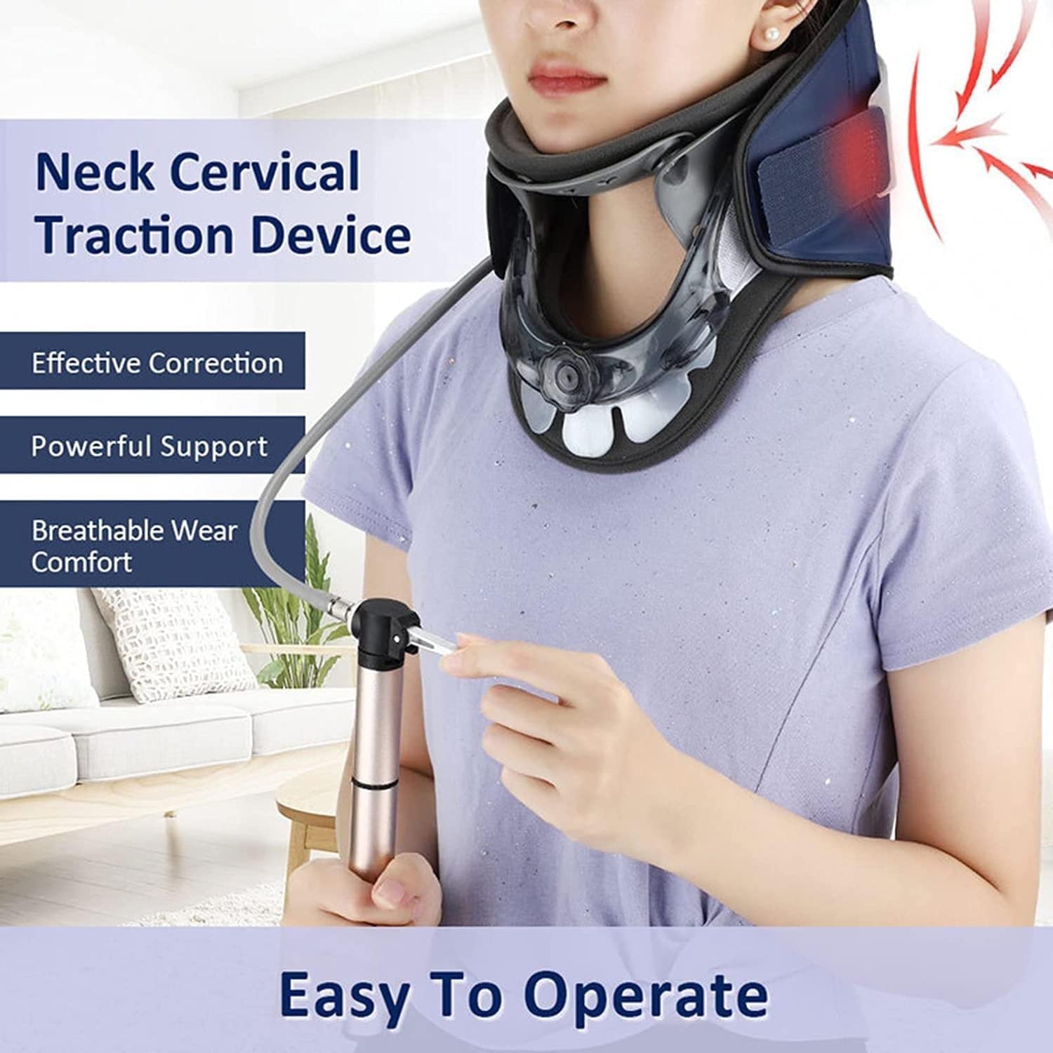 CukUJH Neck Support Brace, Cervical Neck Traction Device with Airbag, Adjustable Tightness, Height Adjustable in 6 Gears, 360° Neck Protection (Color : Blue)