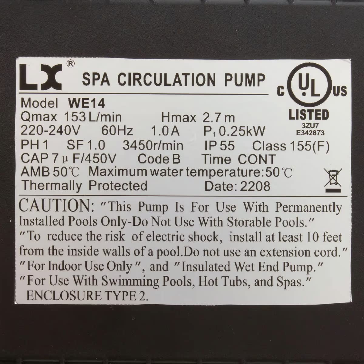 E-14 - Motore di ricambio per pompa di circolazione per vasca idromassaggio per sistemi spa, telaio 48Y, LX WE14, 1/4HP, 240V, 1-Speed, 1.6A, 1-1/2" in/out - 10-WE14-240, motore spa