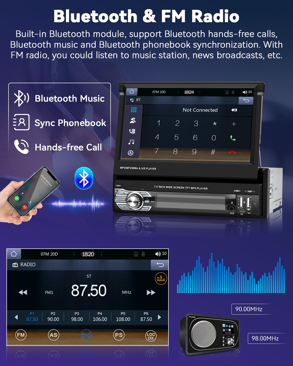 Autoradio 1Din Wireless Carplay Android Auto mit Ausfahrbarem 7" Bildschirm Autoradio Stereo mit Bluetooth-Freisprecheinrichtung USB Typ-C Schnittstelle AUX FM RDS Mirror Link Rückfahrkamera