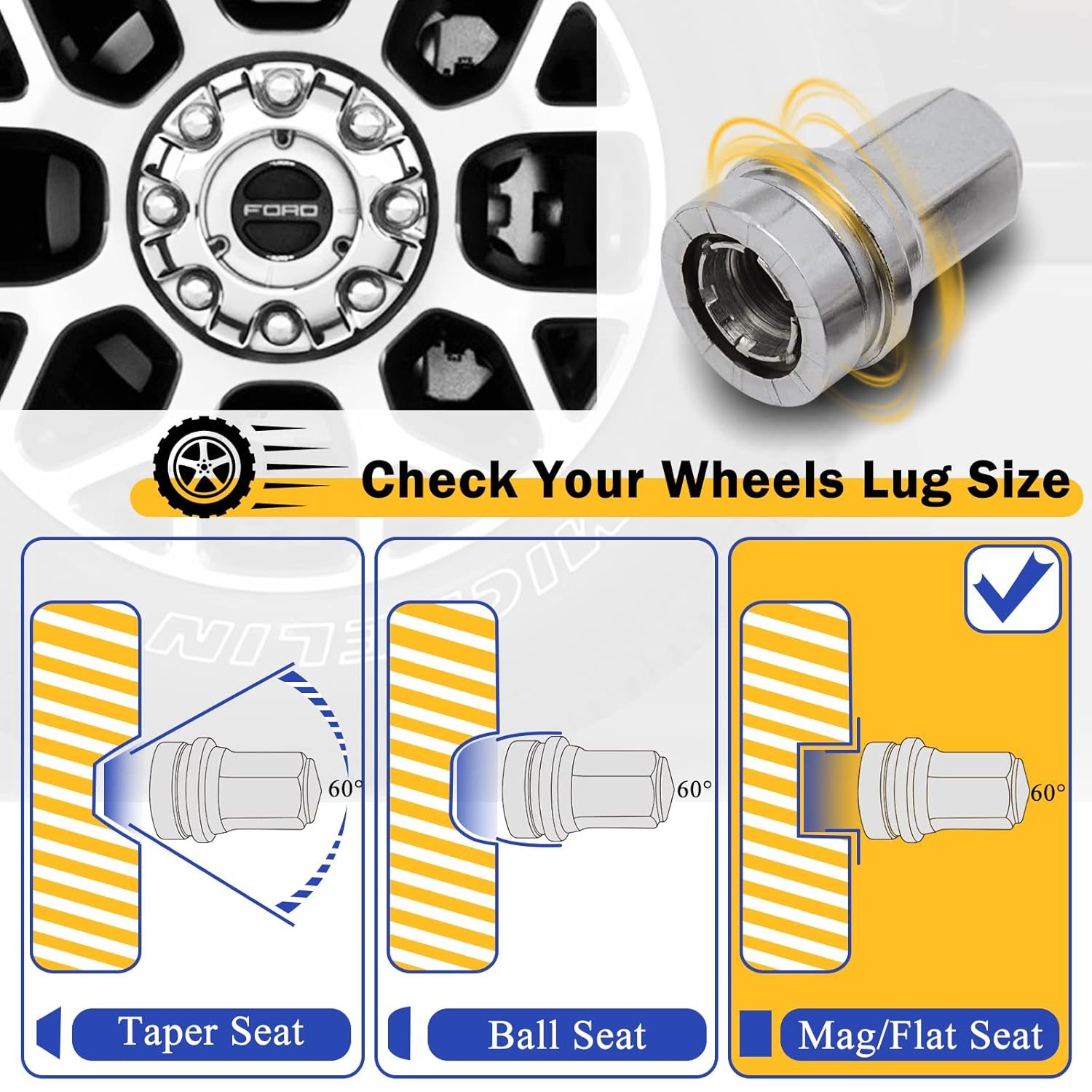 32PCS M14*1.5 Lug Nuts - 13/16" 21mm Hex 48mm Length Chrome OEM Factory Style Wheel Nuts with Attached Washers for 2017-2023 F250 F350 Super Duty HCPZ-1012-A HCPZ-1012-B